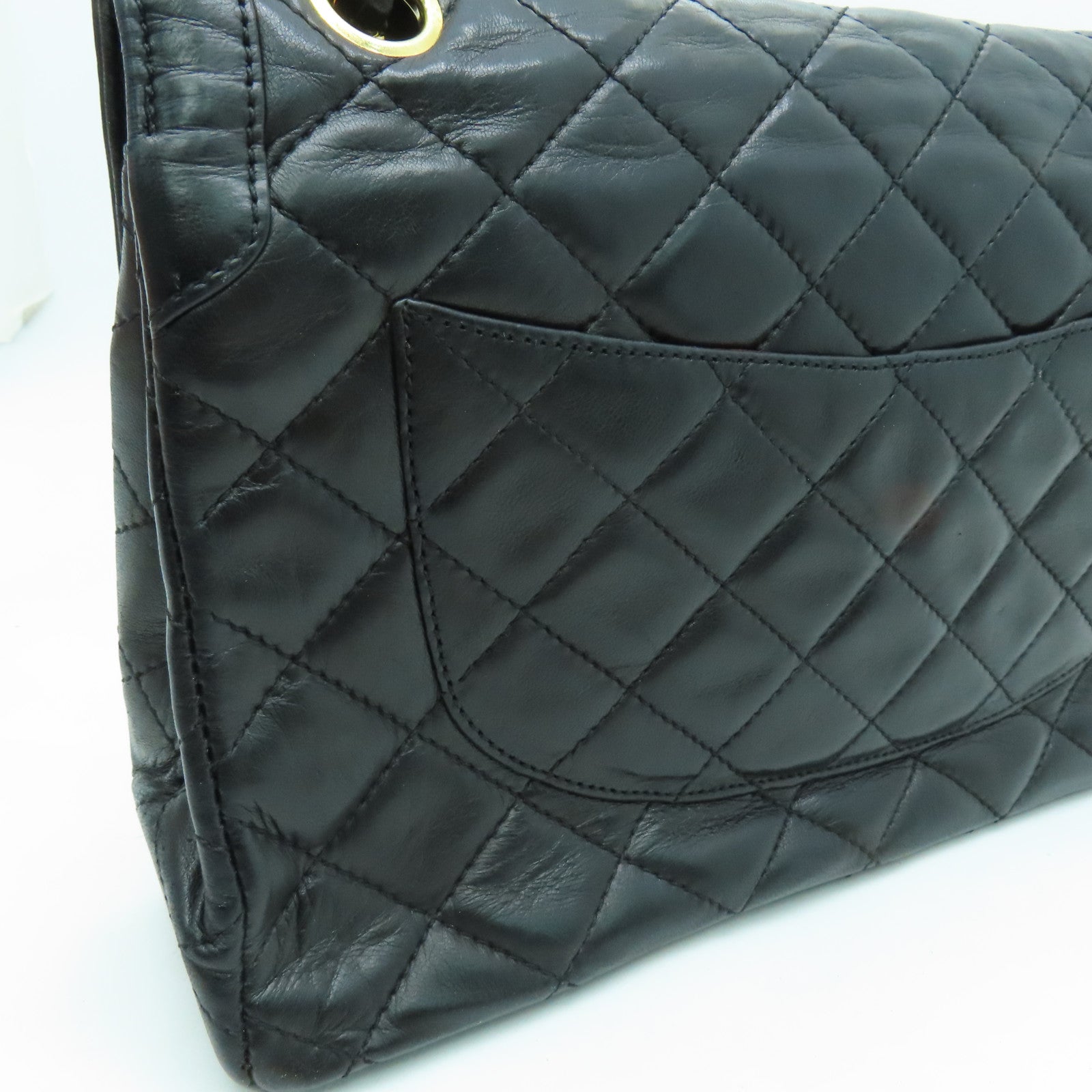 CHANEL 菱格羊皮皮革Chain Shoulder链带肩背袋金扣黑色