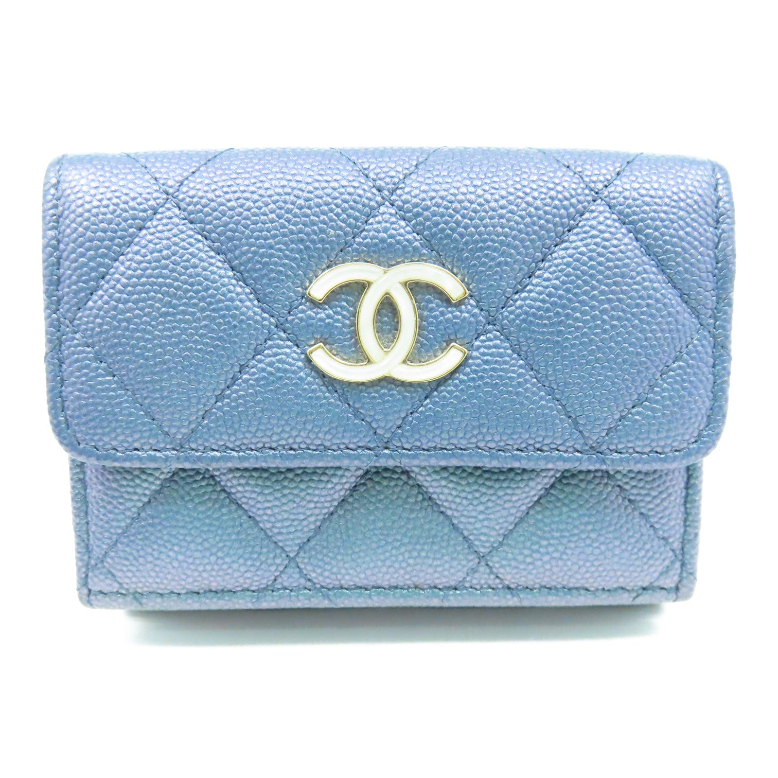 CHANEL 菱格Caviar皮革Wallet金扣錢包藍色