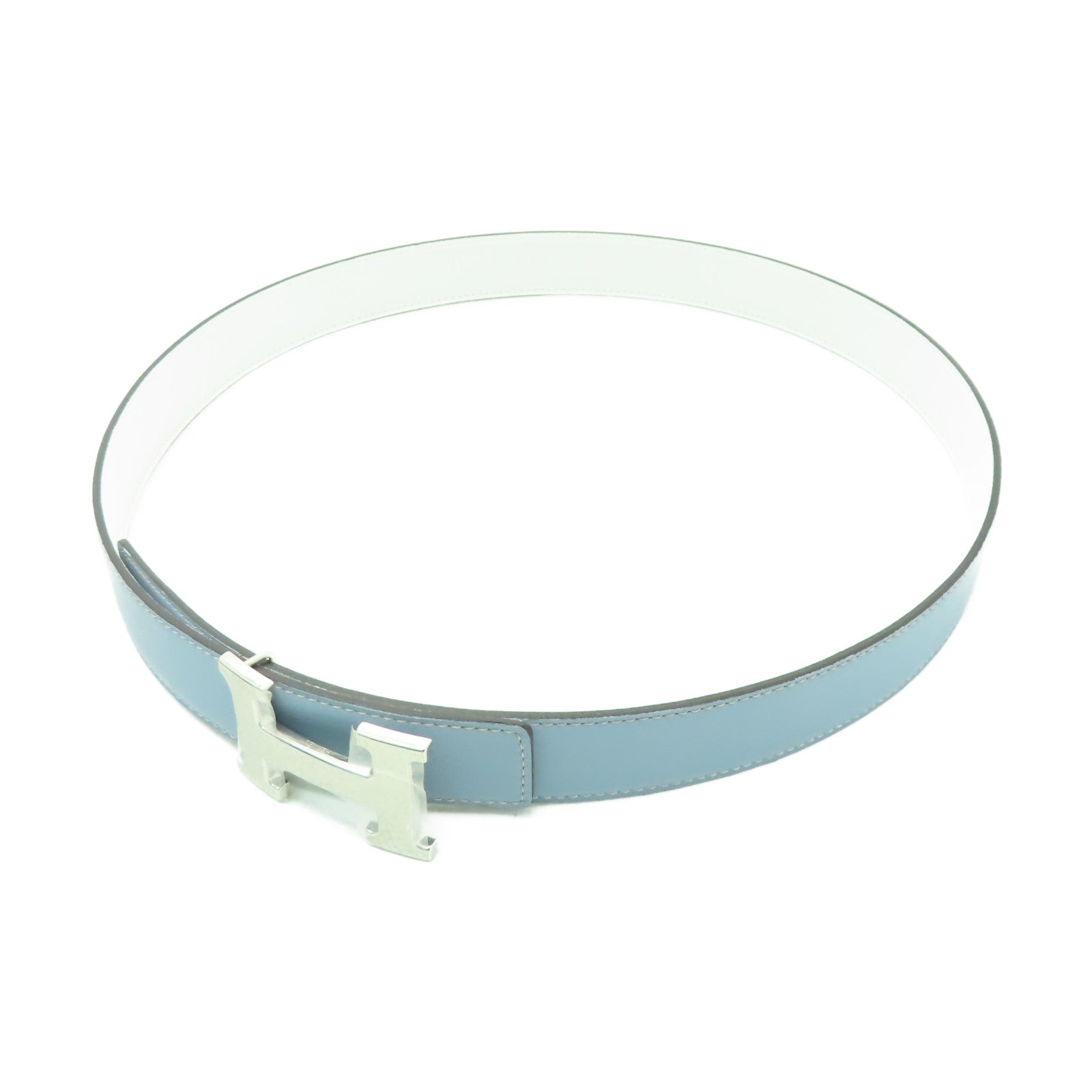HERMES Veau Epsom皮革Belt銀扣皮帶灰水藍色