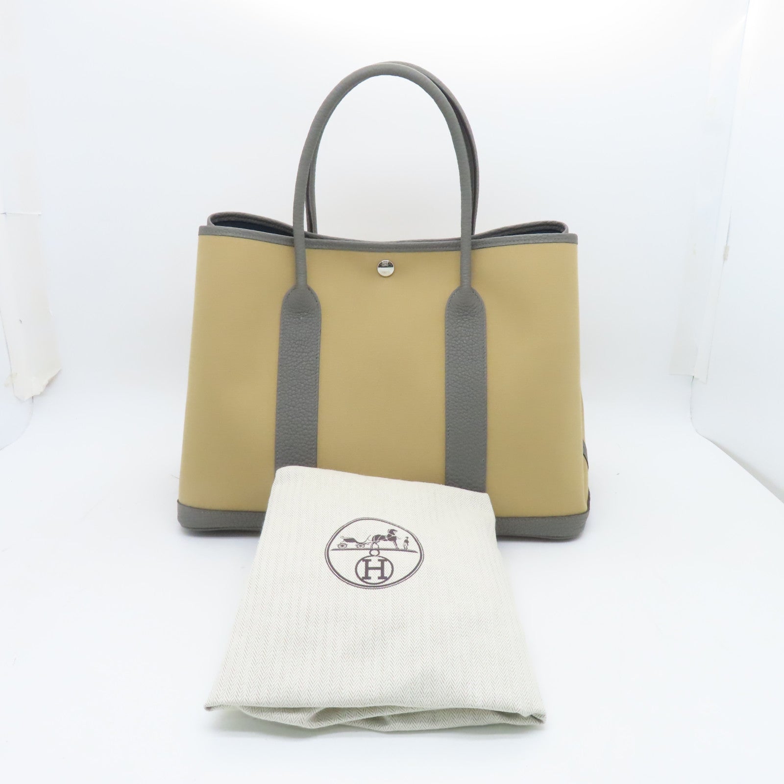 HERMES 帆布Garden party 36銀扣手挽袋杏色/灰色
