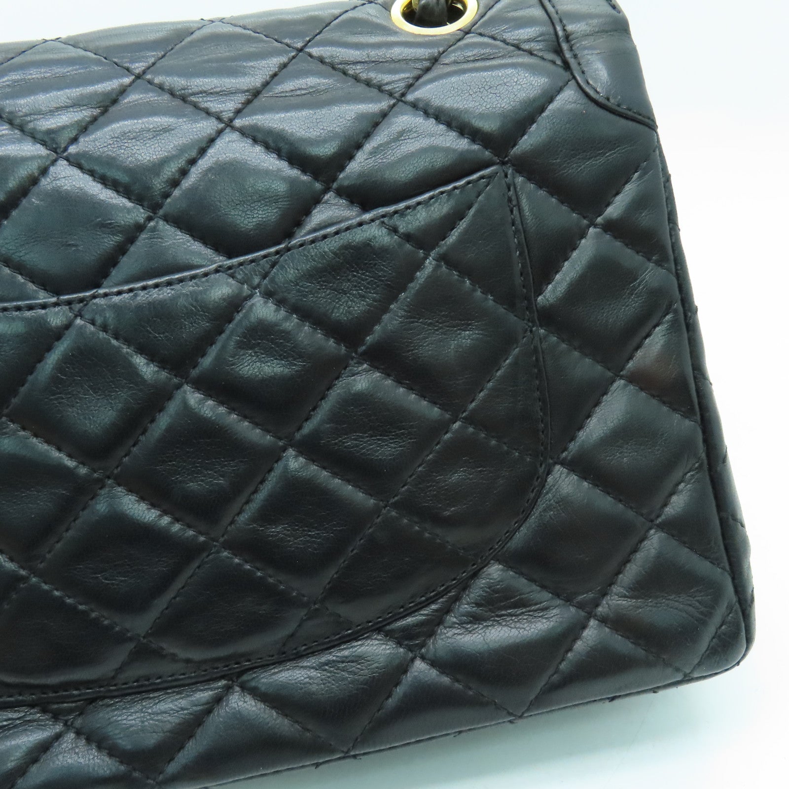 CHANEL 菱格羊皮皮革Chain Shoulder链带肩背袋金扣黑色