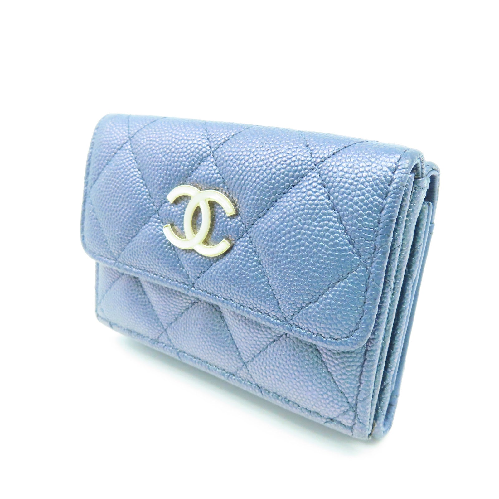 CHANEL 菱格Caviar皮革Wallet金扣錢包藍色