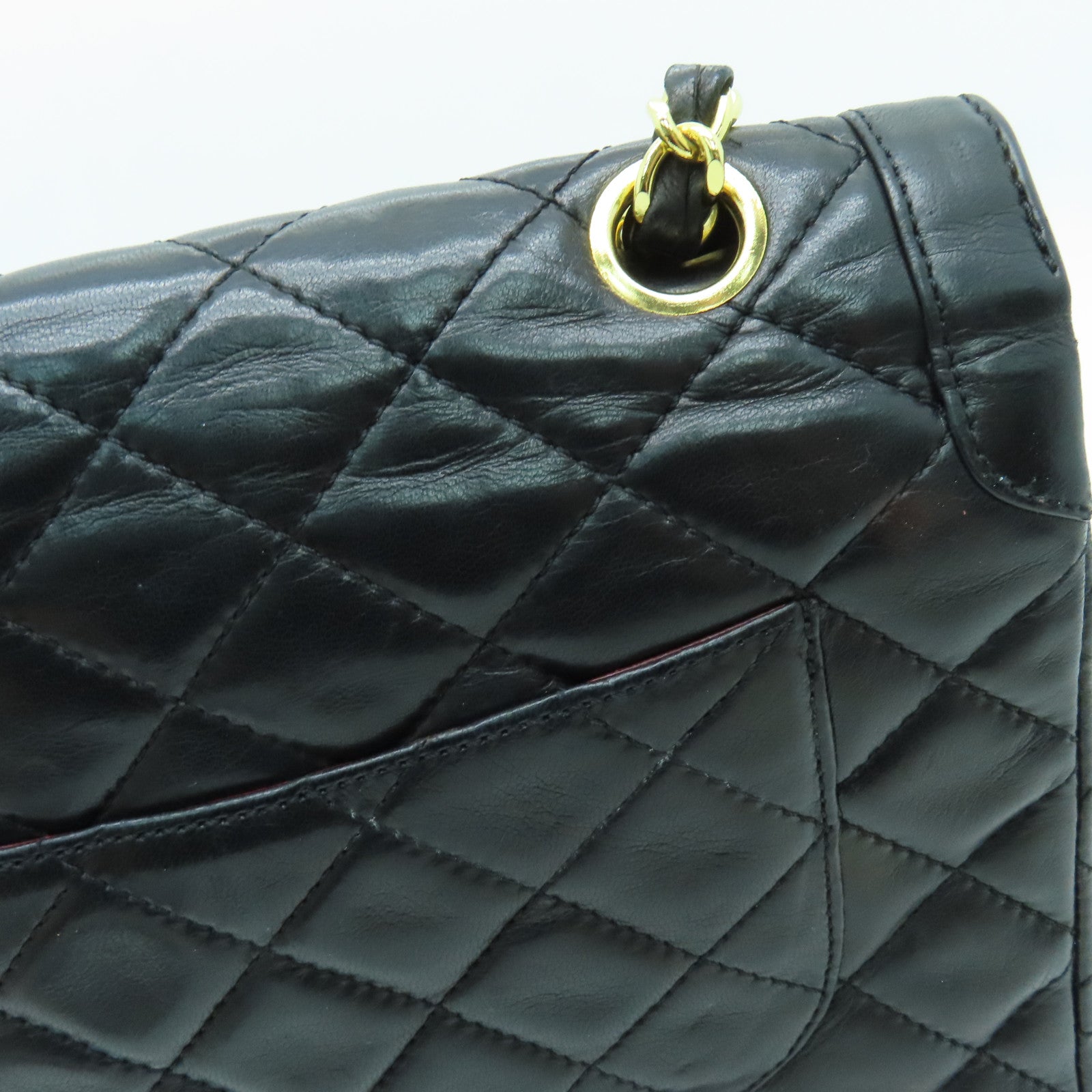 CHANEL 菱格羊皮皮革Chain Shoulder链带肩背袋金扣黑色