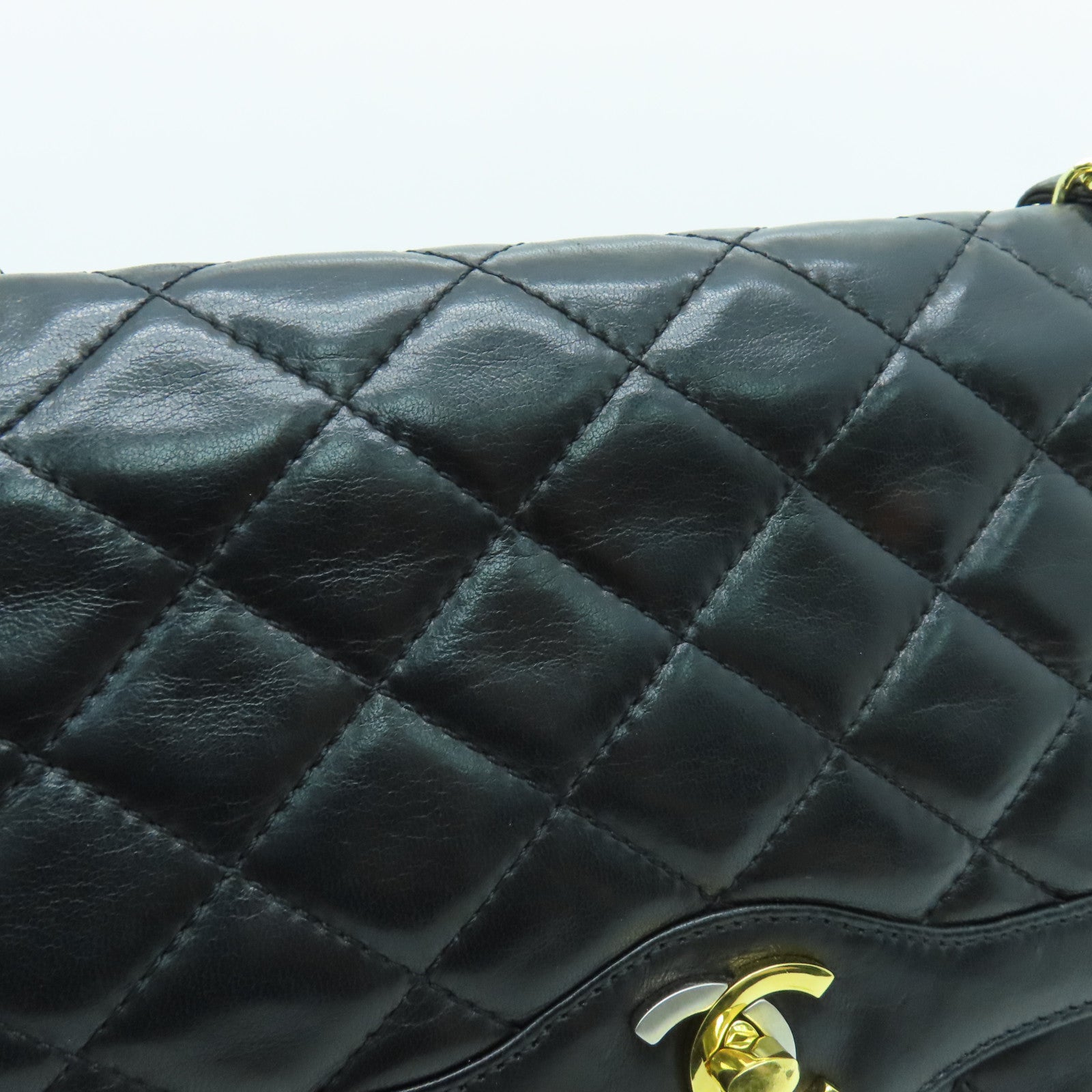 CHANEL 菱格羊皮皮革Chain Shoulder链带肩背袋金扣黑色