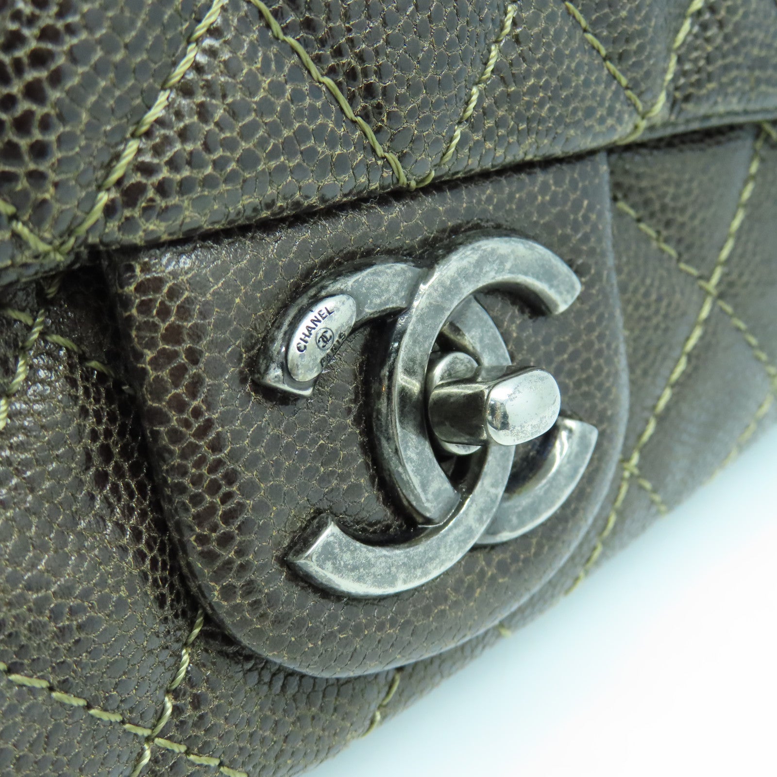 CHANEL 菱格Caviar皮革Chain Shoulder Bag银扣链带肩背袋啡色