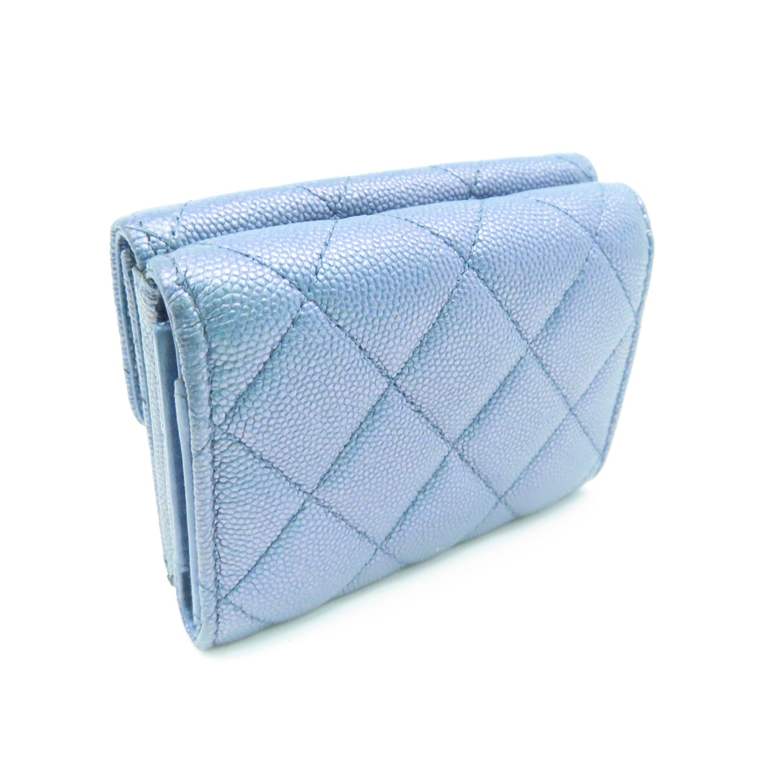 CHANEL 菱格Caviar皮革Wallet金扣錢包藍色