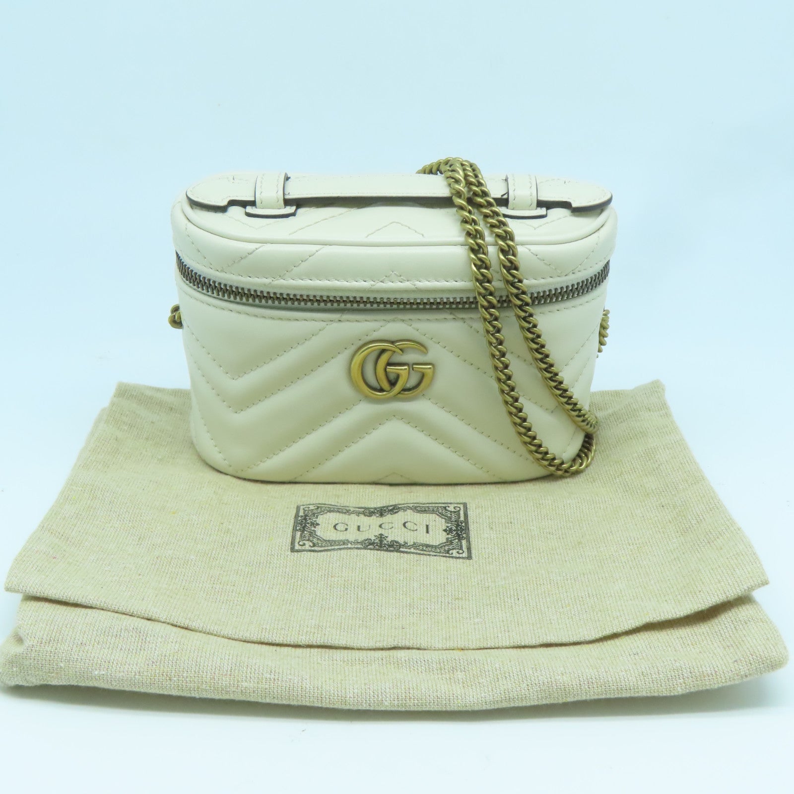 GUCCI 斜紋牛皮皮革Chain Shoulder Bag金扣鏈帶肩背袋白色