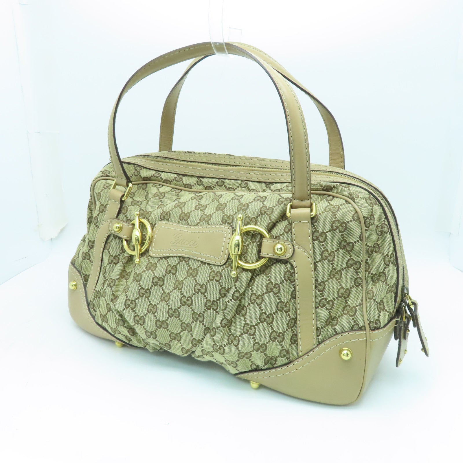 GUCCI Canvas Boston Bag Gold Buckle Boston Bag Beige