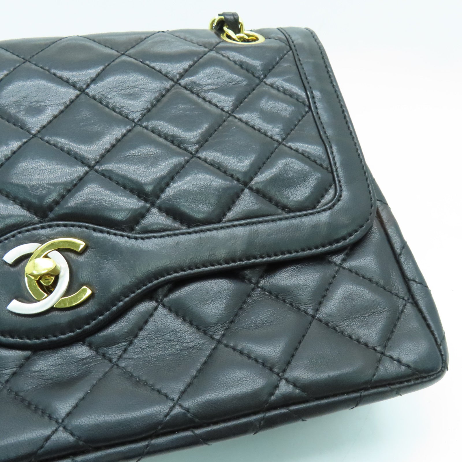 CHANEL 菱格羊皮皮革Chain Shoulder链带肩背袋金扣黑色