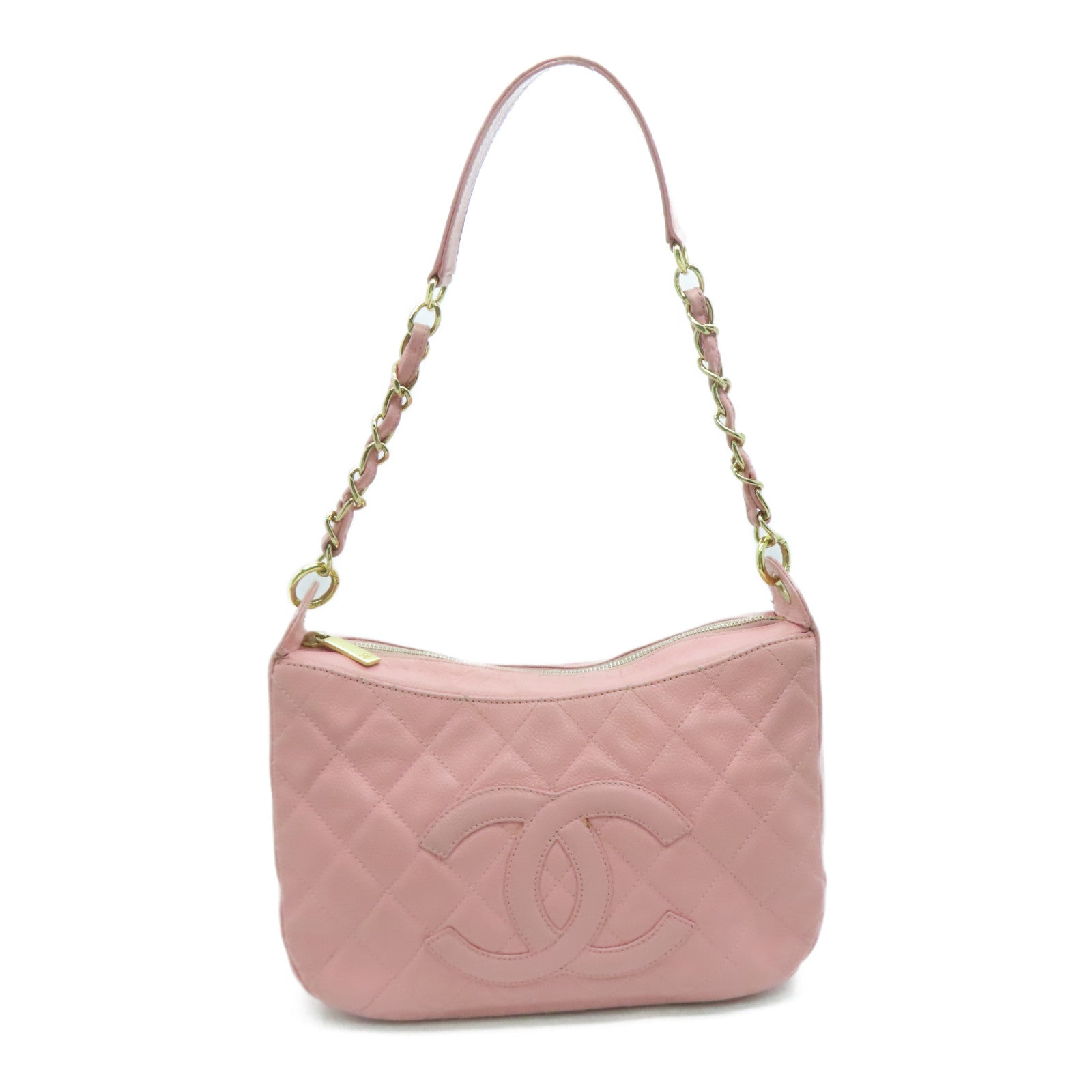 CHANEL 菱格Caviar皮革Chain Shoulder金扣肩背袋粉红