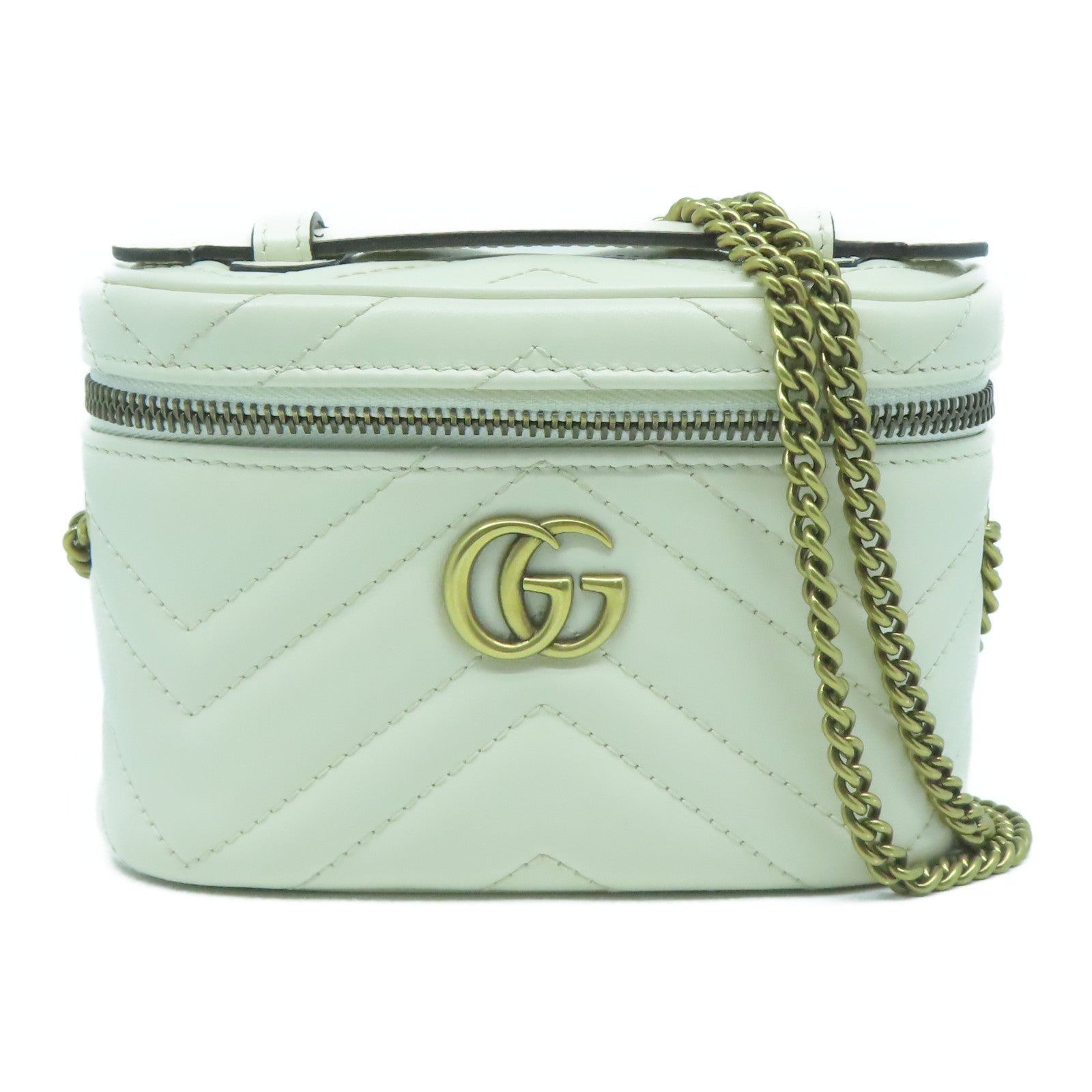 GUCCI 斜紋牛皮皮革Chain Shoulder Bag金扣鏈帶肩背袋白色
