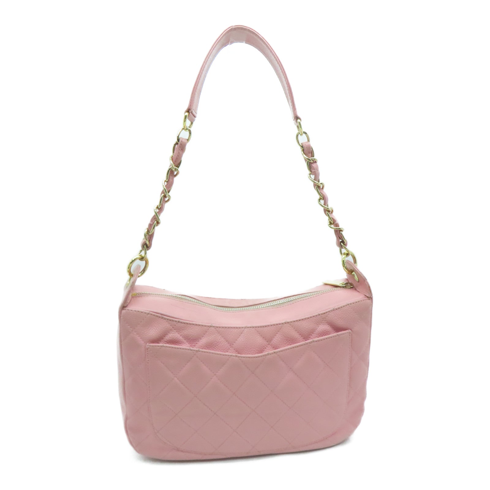 CHANEL 菱格Caviar皮革Chain Shoulder金扣肩背袋粉红