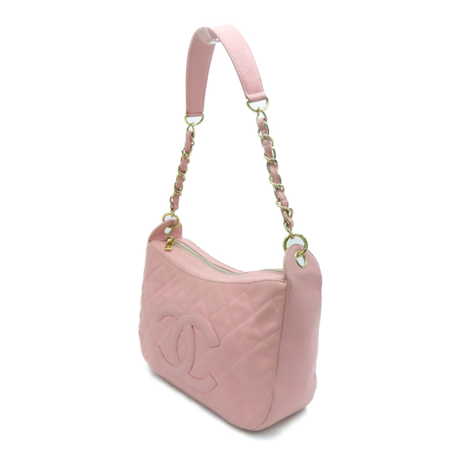 CHANEL 菱格Caviar皮革Chain Shoulder金扣肩背袋粉红
