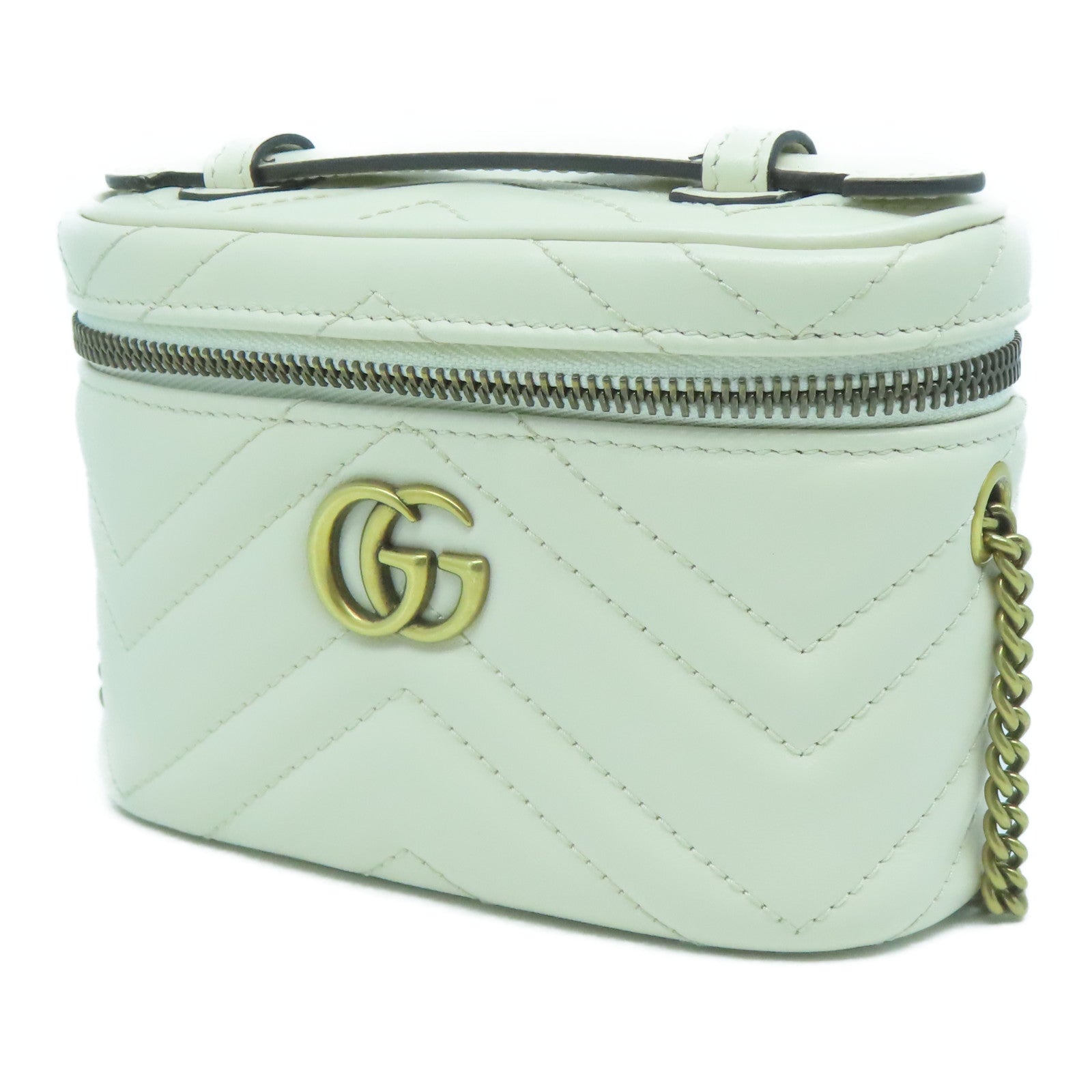 GUCCI 斜紋牛皮皮革Chain Shoulder Bag金扣鏈帶肩背袋白色