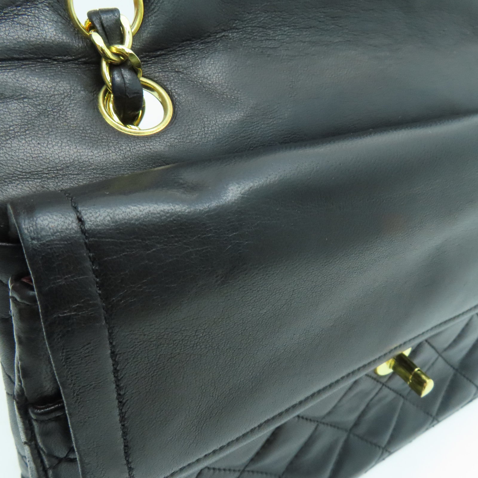CHANEL 菱格羊皮皮革Chain Shoulder链带肩背袋金扣黑色