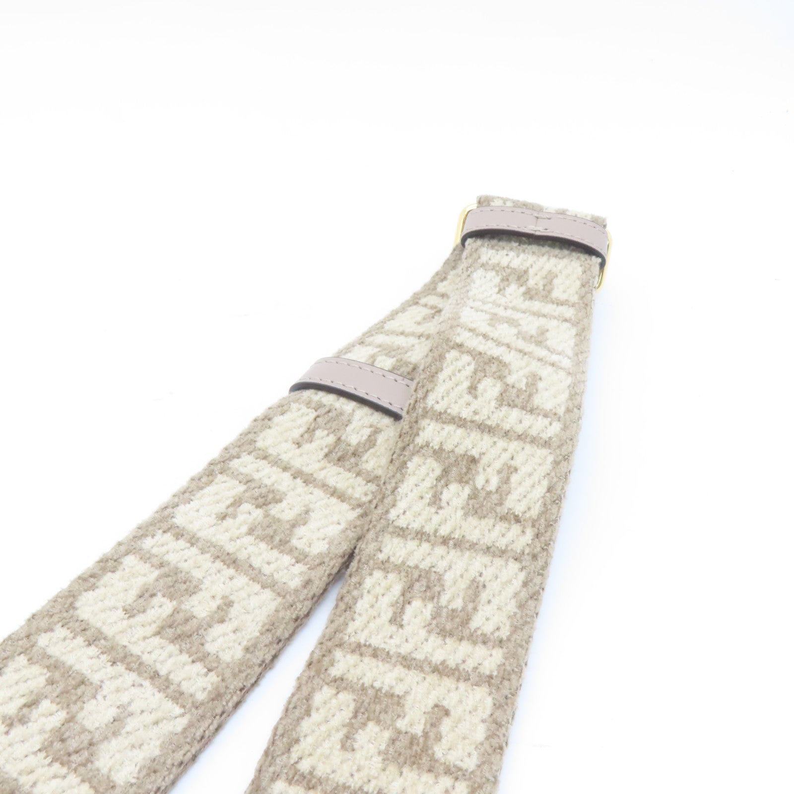 FENDI Fabric/Cowhide Leather Shoulder Strap Gold Buckle Charm Beige