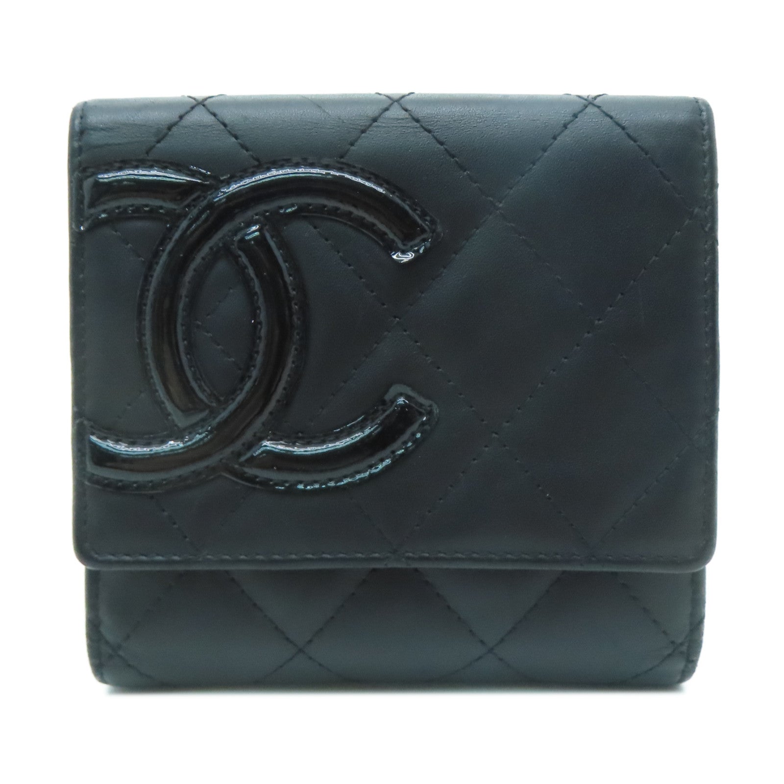 CHANEL 菱格羊皮皮革Cambon Wallet銀扣錢包黑色