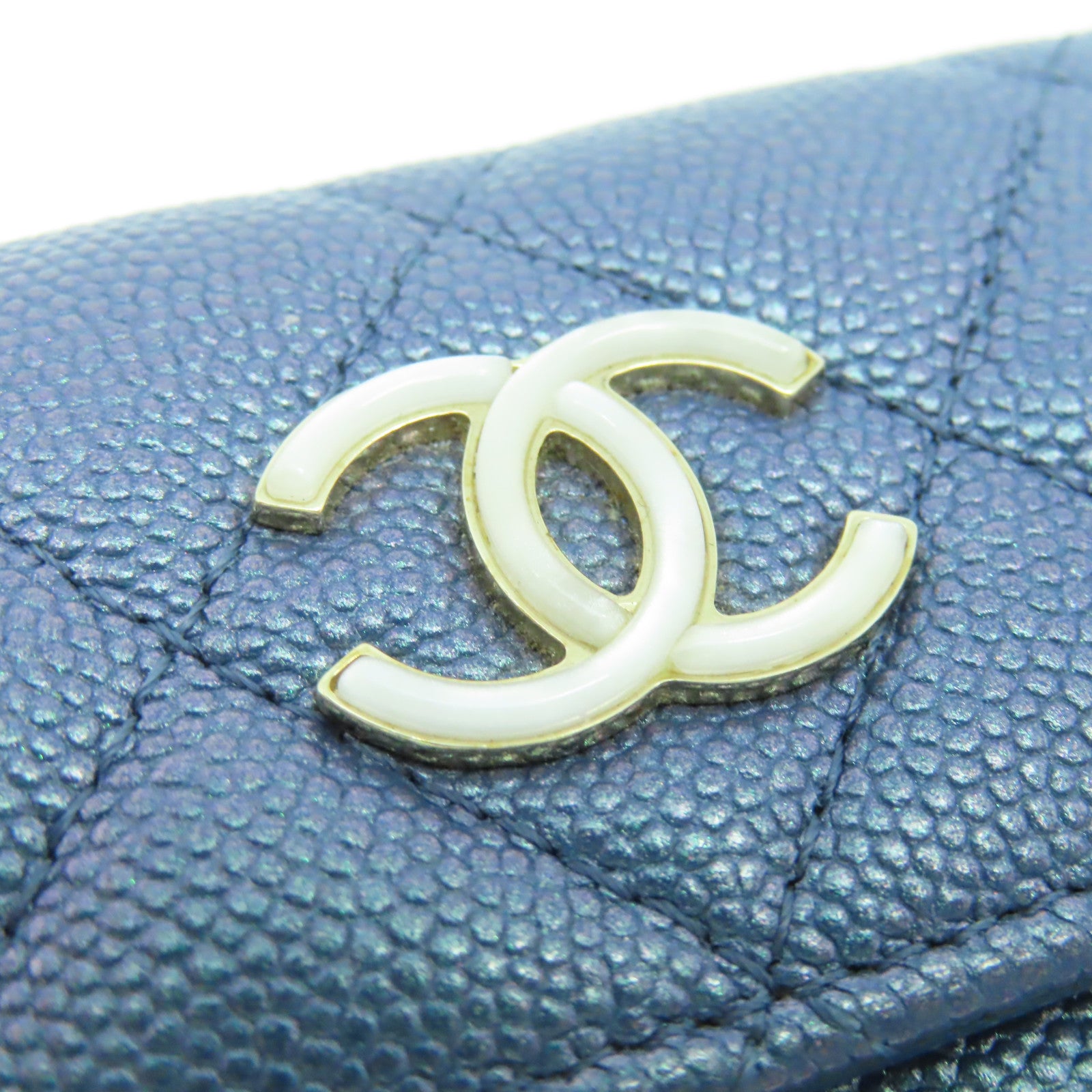 CHANEL 菱格Caviar皮革Wallet金扣錢包藍色