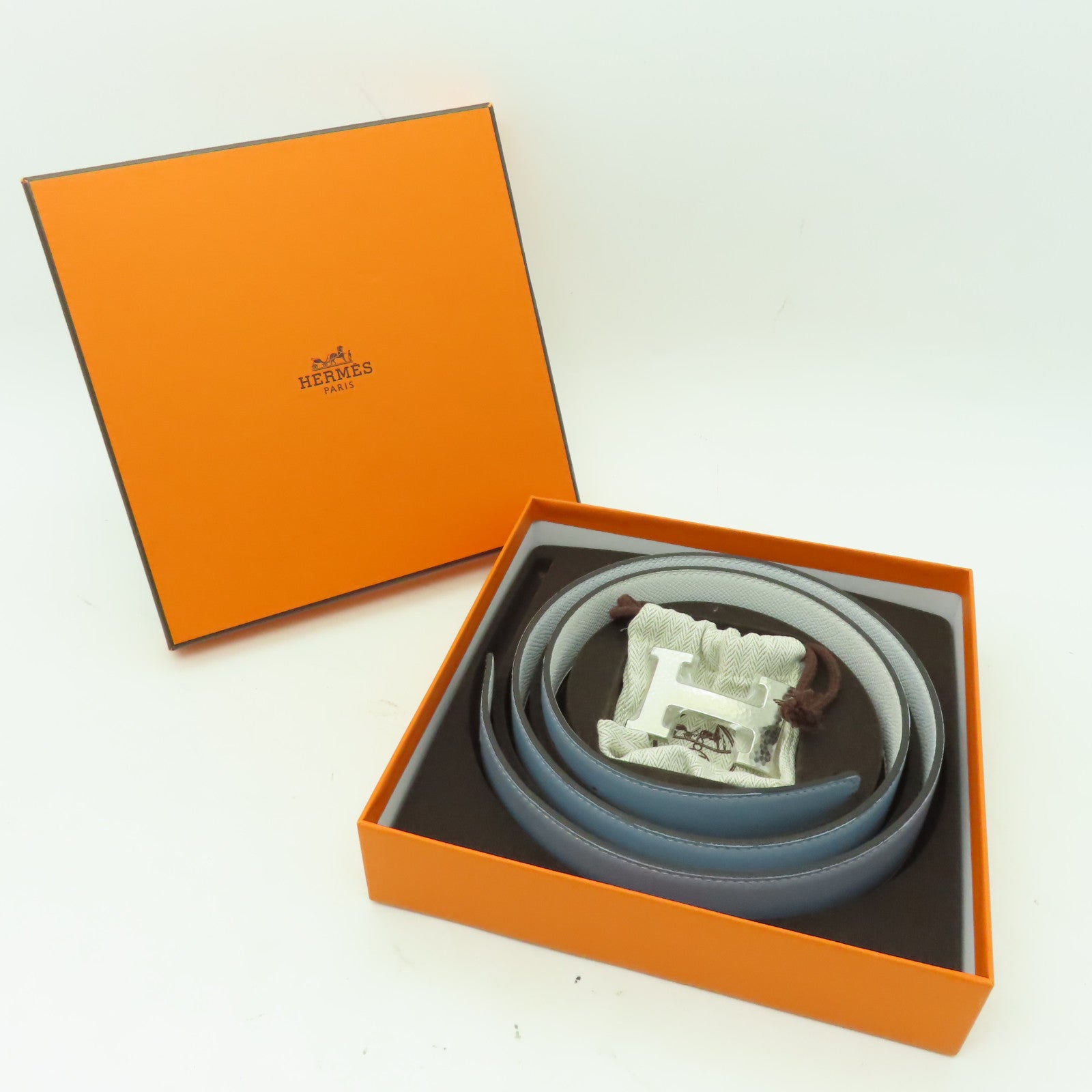 HERMES Veau Epsom皮革Belt銀扣皮帶灰水藍色