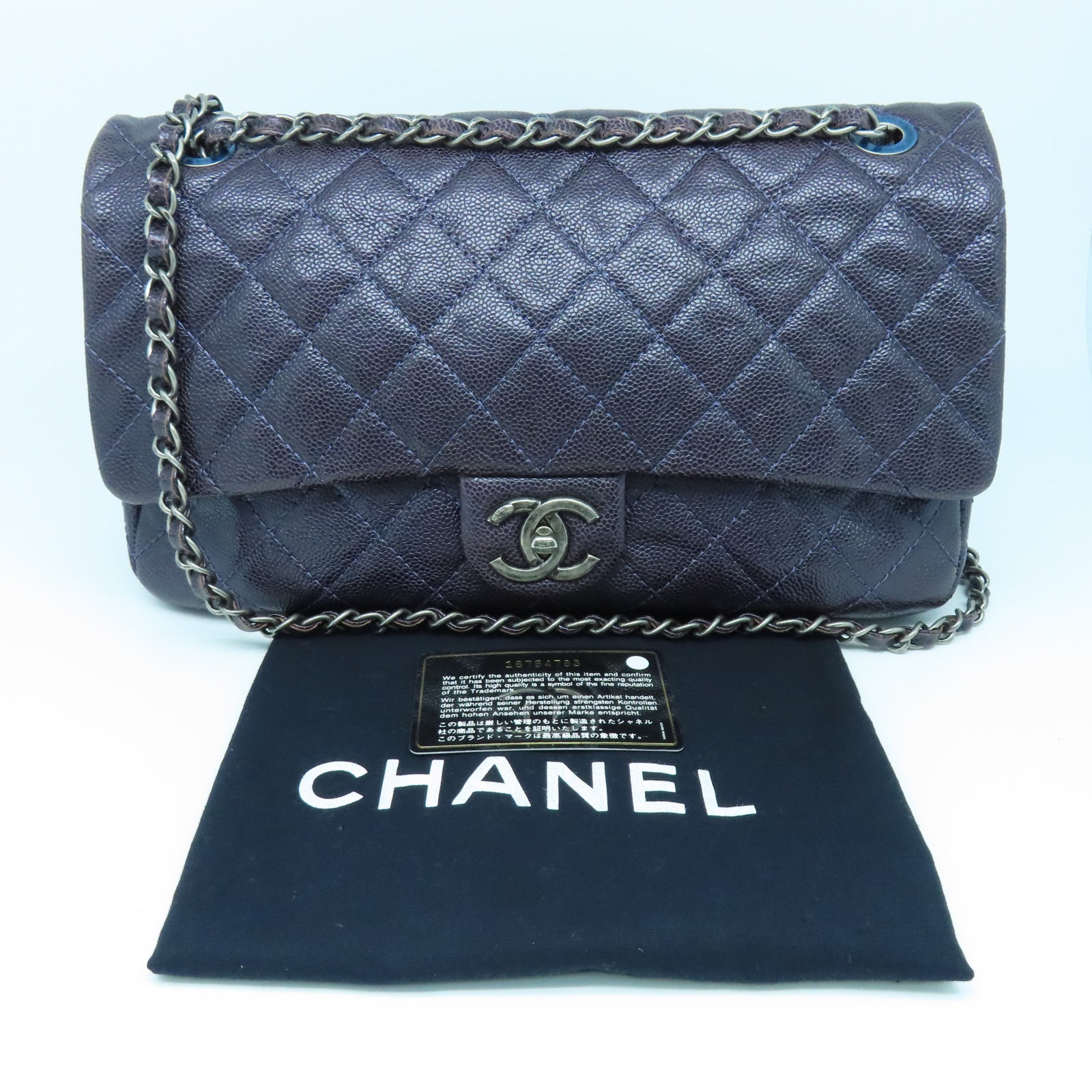 CHANEL 菱格Caviar皮革Chain Shoulder Bag银扣链带肩背袋紫色