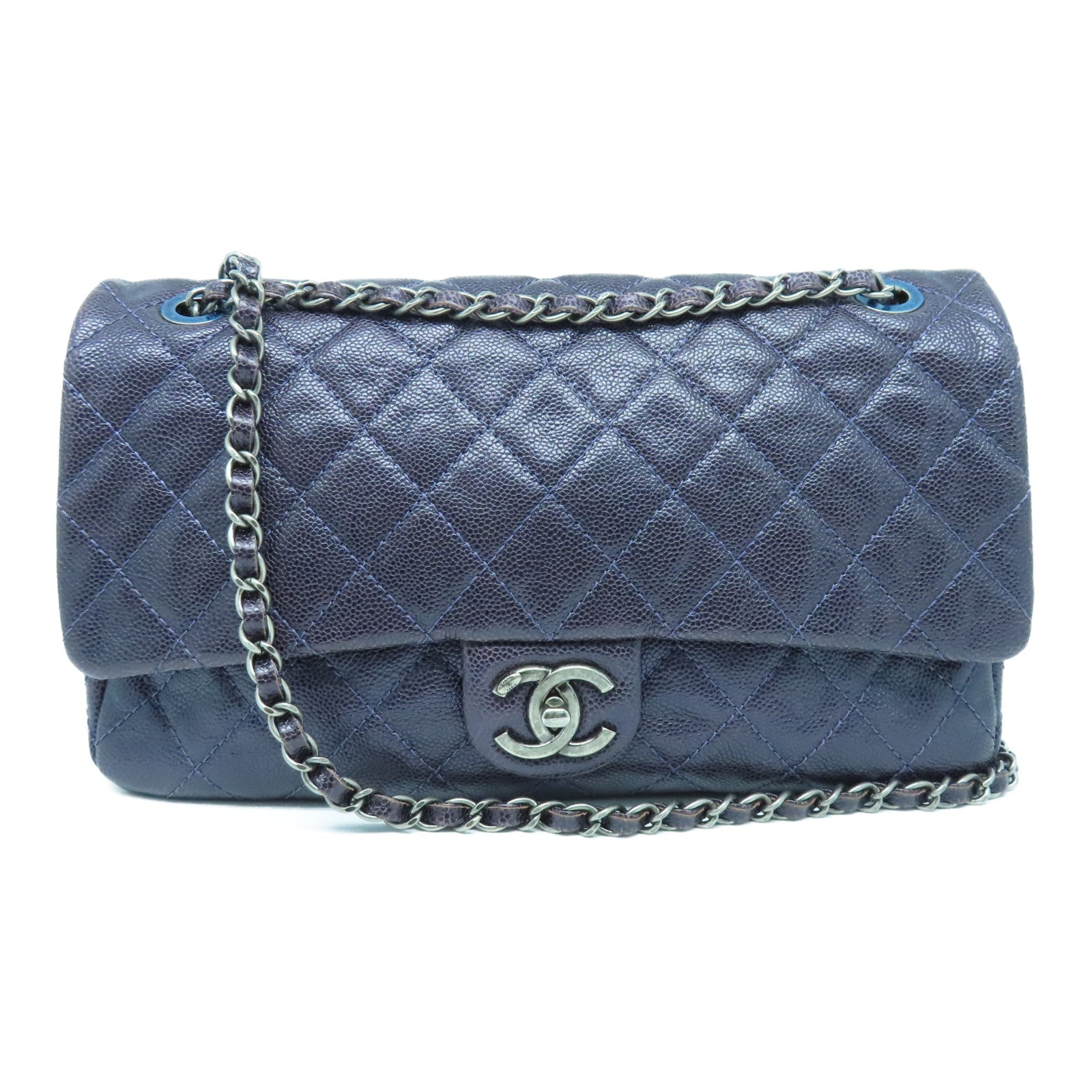 CHANEL 菱格Caviar皮革Chain Shoulder Bag银扣链带肩背袋紫色