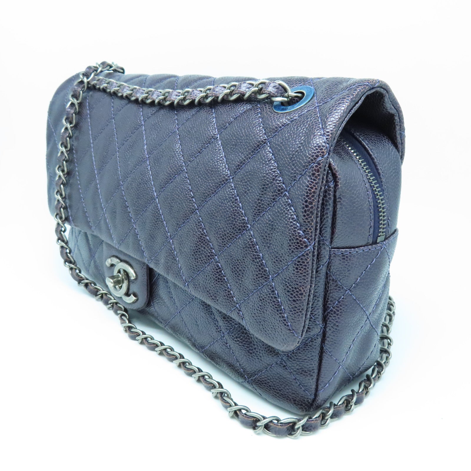 CHANEL 菱格Caviar皮革Chain Shoulder Bag银扣链带肩背袋紫色