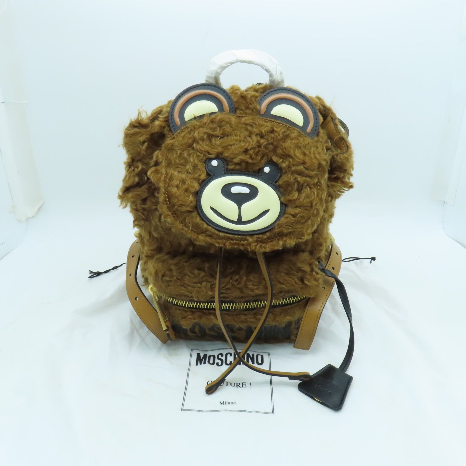 MOSCHINO 毛茸Backpack金扣背包棕色