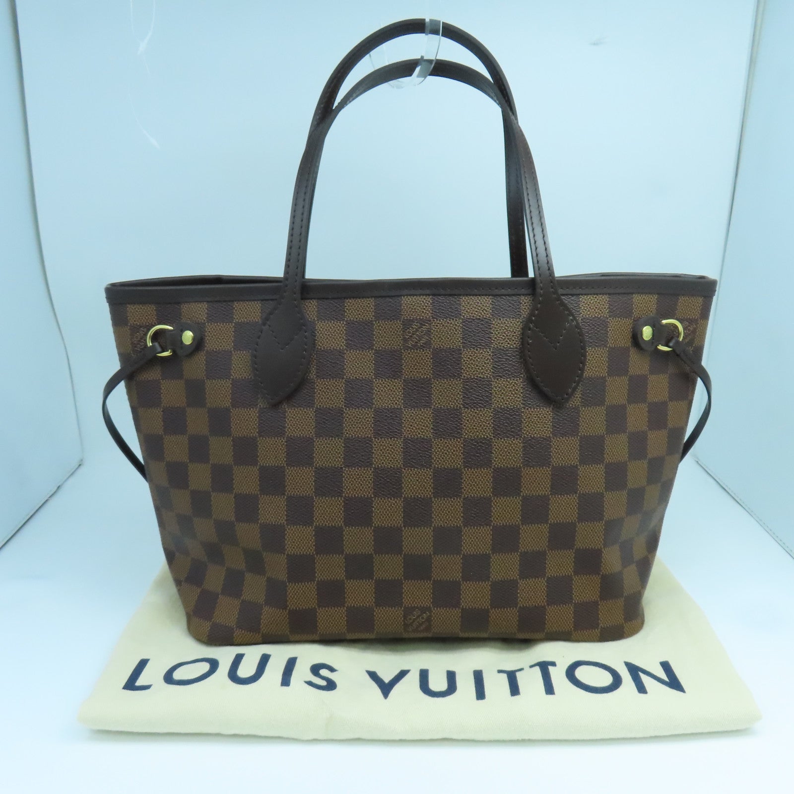 LOUIS VUITTON Damier Neverfull PM金扣手挽袋啡色
