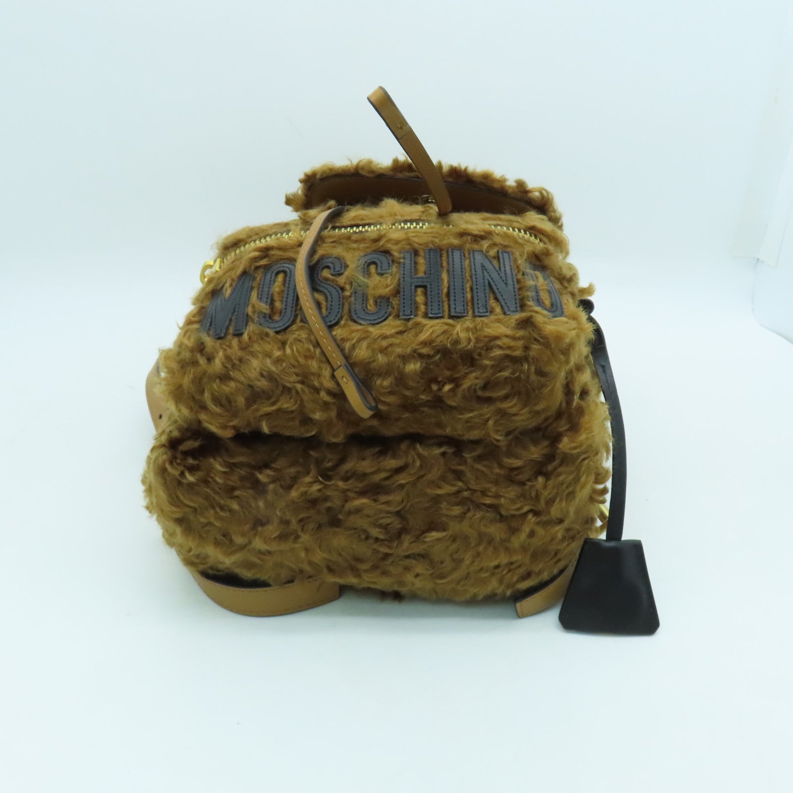 MOSCHINO 毛茸Backpack金扣背包棕色