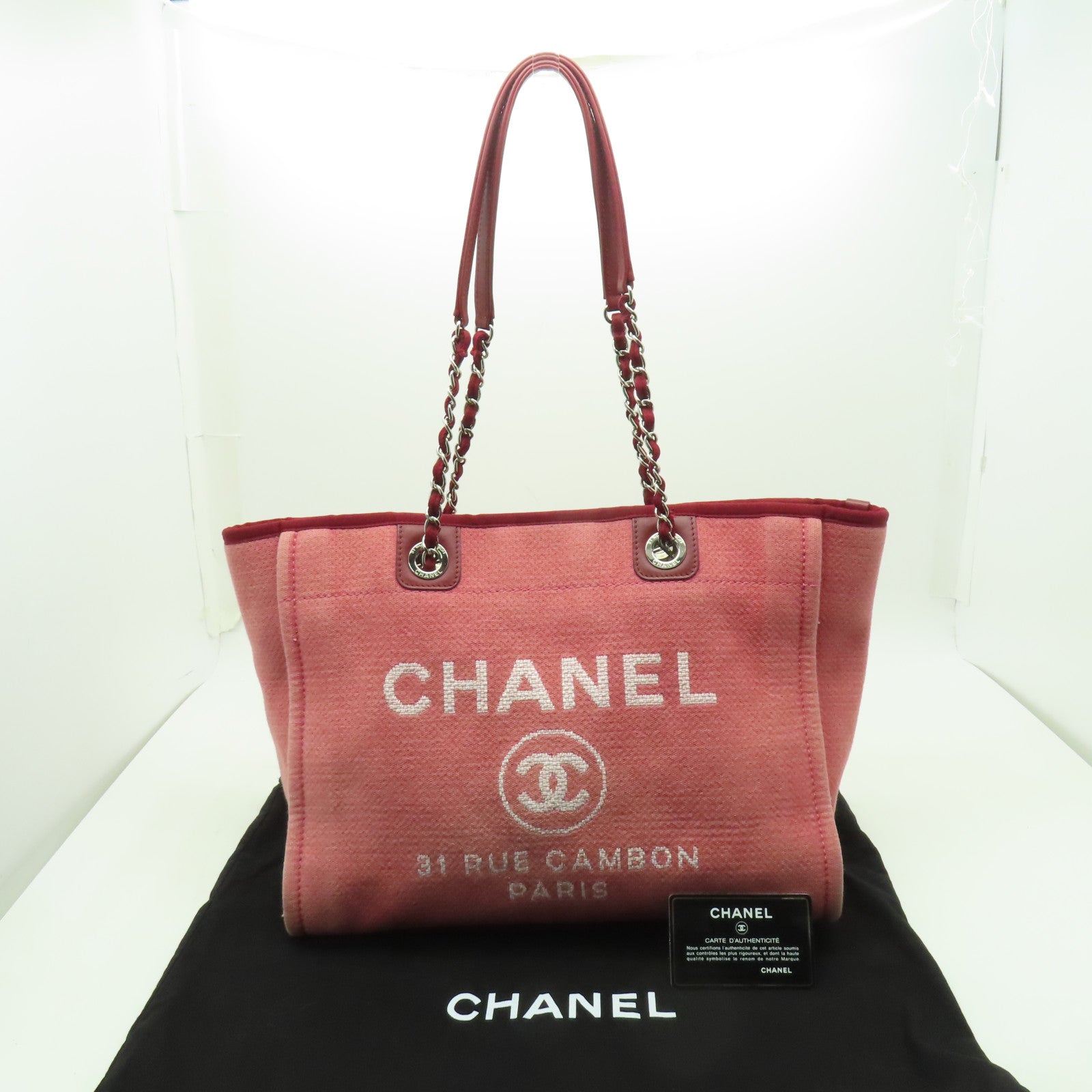 CHANEL 帆布Deauville Chain MM銀扣鏈帶肩背袋粉紅色