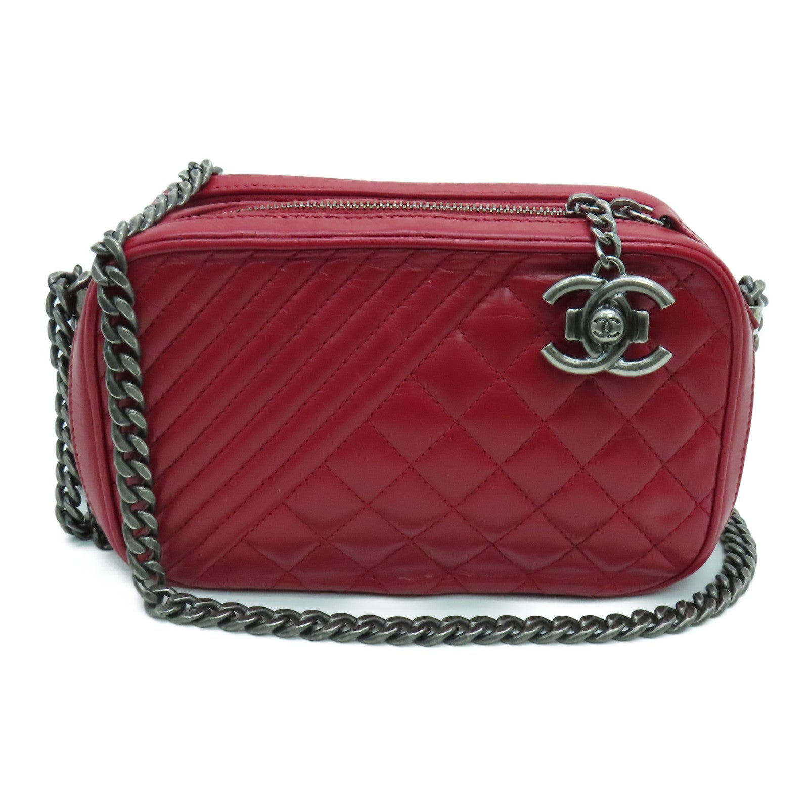 CHANEL 【激減優惠】牛皮皮革Chain Shoulder鏈帶肩背袋銀扣紅色