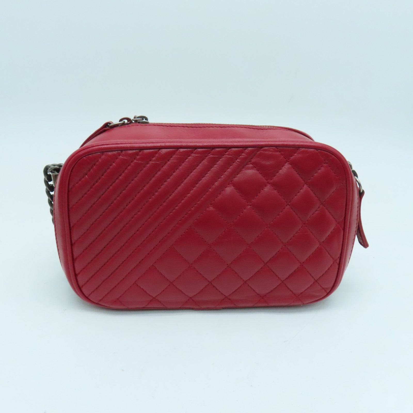 CHANEL 【激減優惠】牛皮皮革Chain Shoulder鏈帶肩背袋銀扣紅色
