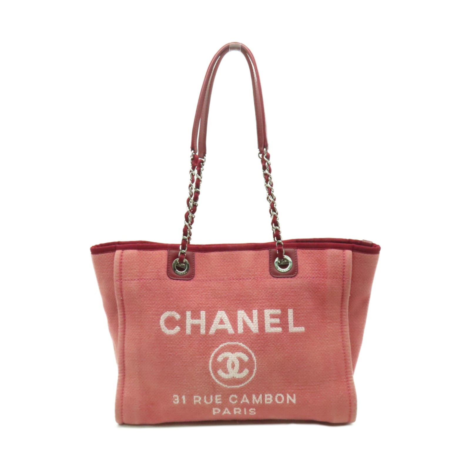 CHANEL 帆布Deauville Chain MM銀扣鏈帶肩背袋粉紅色