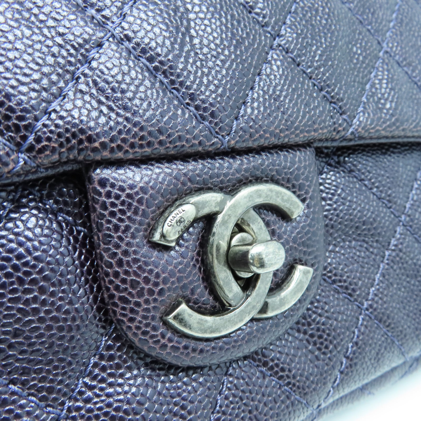 CHANEL 菱格Caviar皮革Chain Shoulder Bag银扣链带肩背袋紫色