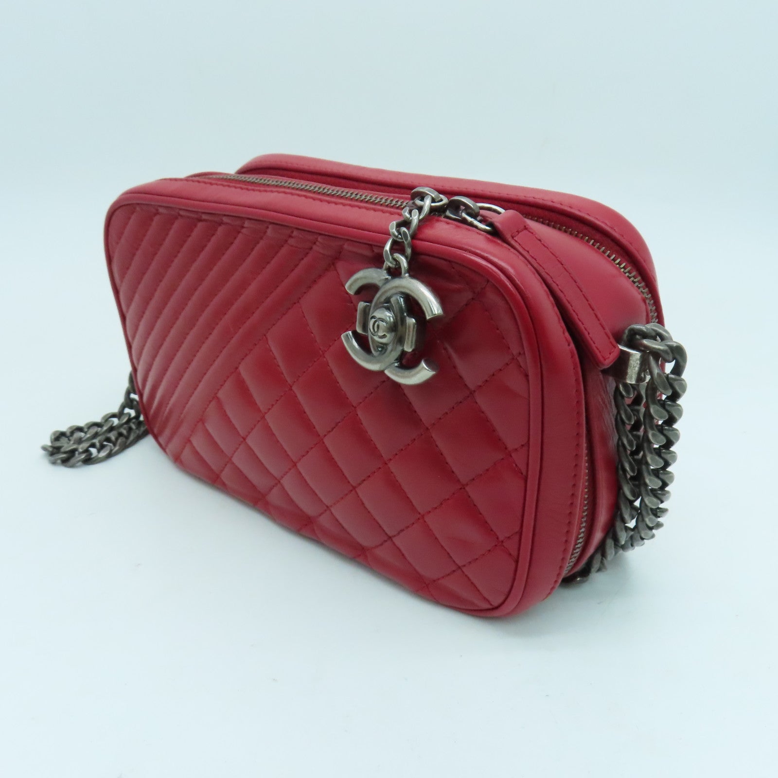 CHANEL 【激減優惠】牛皮皮革Chain Shoulder鏈帶肩背袋銀扣紅色