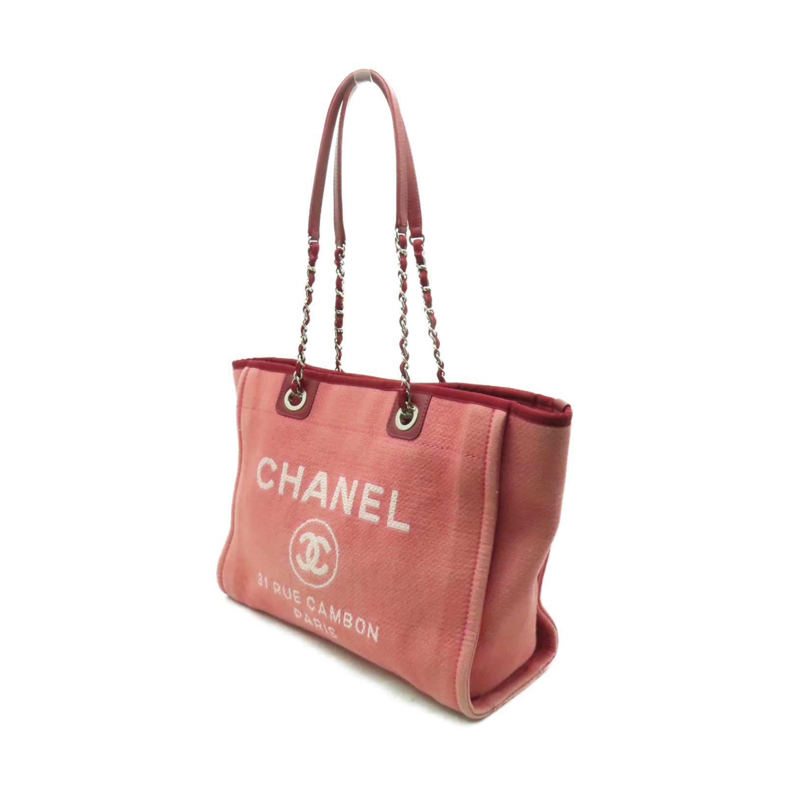 CHANEL 帆布Deauville Chain MM銀扣鏈帶肩背袋粉紅色
