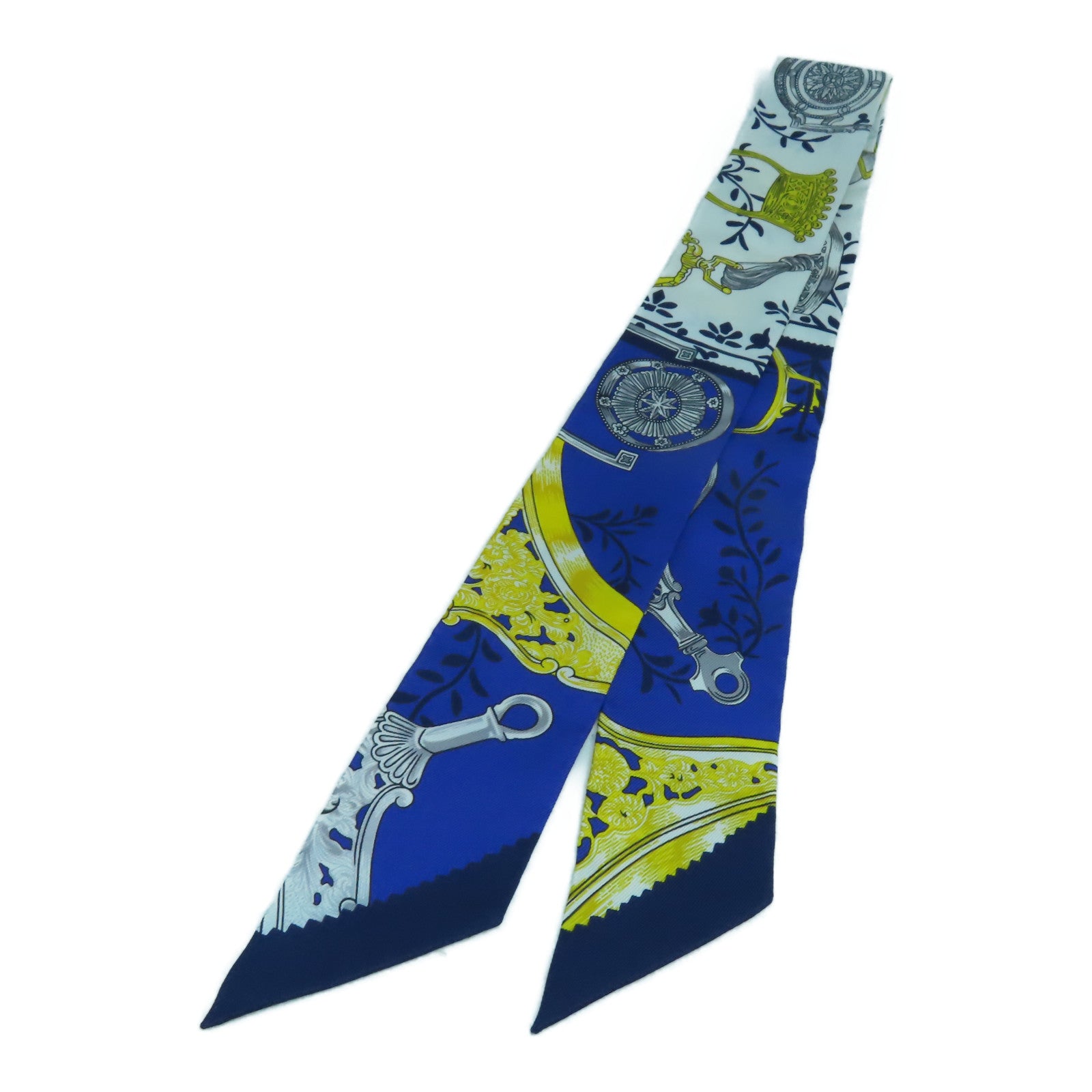 HERMES 絲質Twilly絲巾藍色/白色