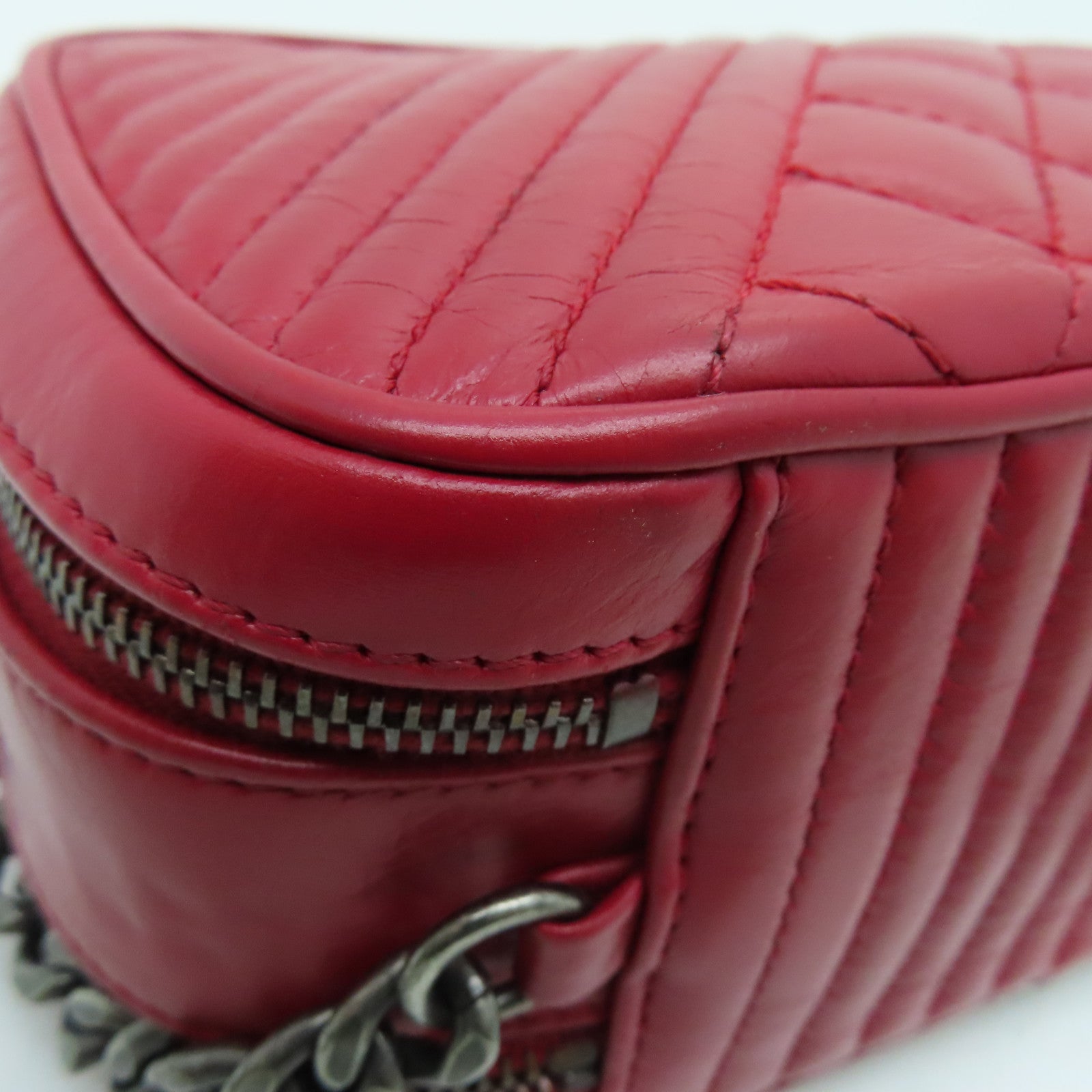 CHANEL 【激減優惠】牛皮皮革Chain Shoulder鏈帶肩背袋銀扣紅色