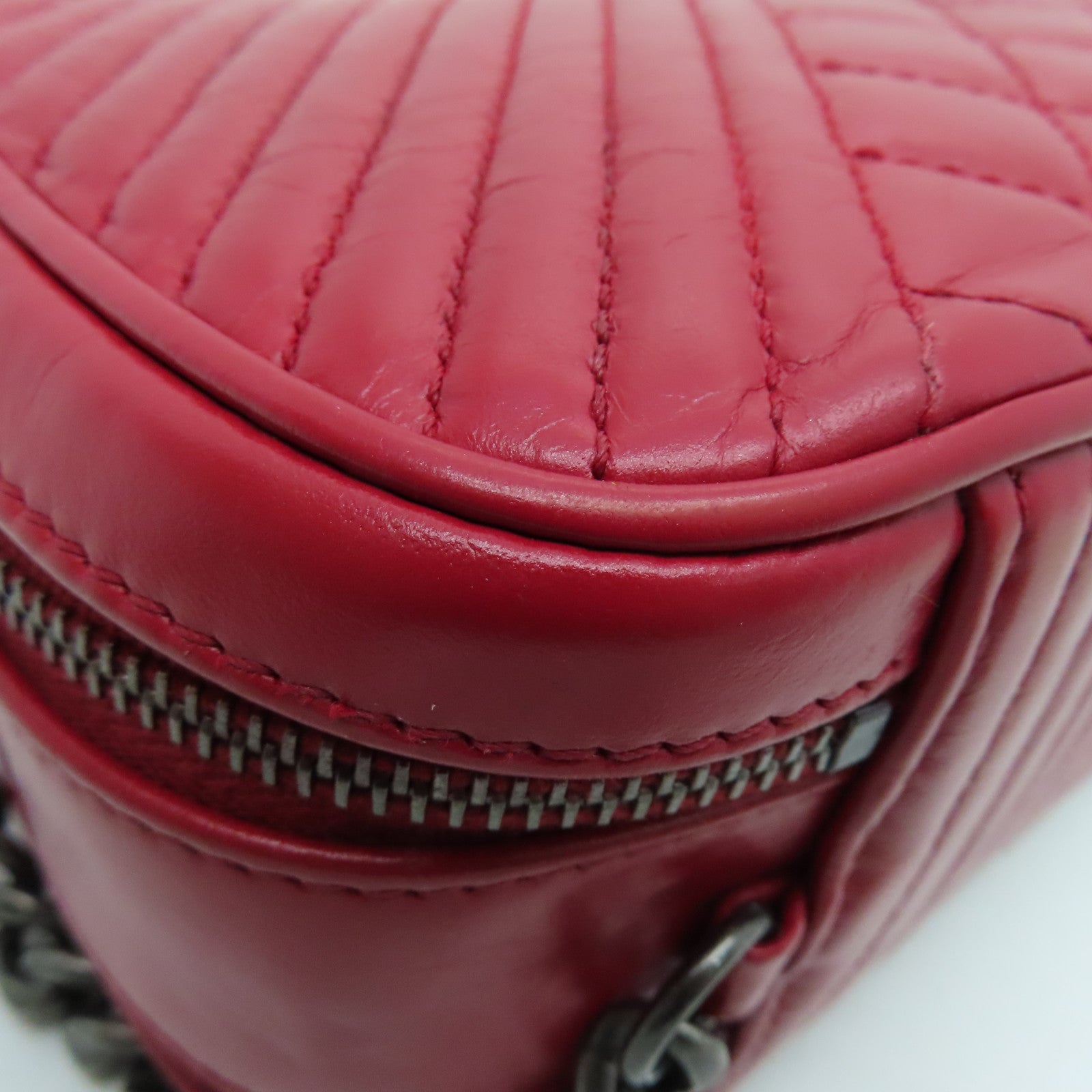 CHANEL 【激減優惠】牛皮皮革Chain Shoulder鏈帶肩背袋銀扣紅色