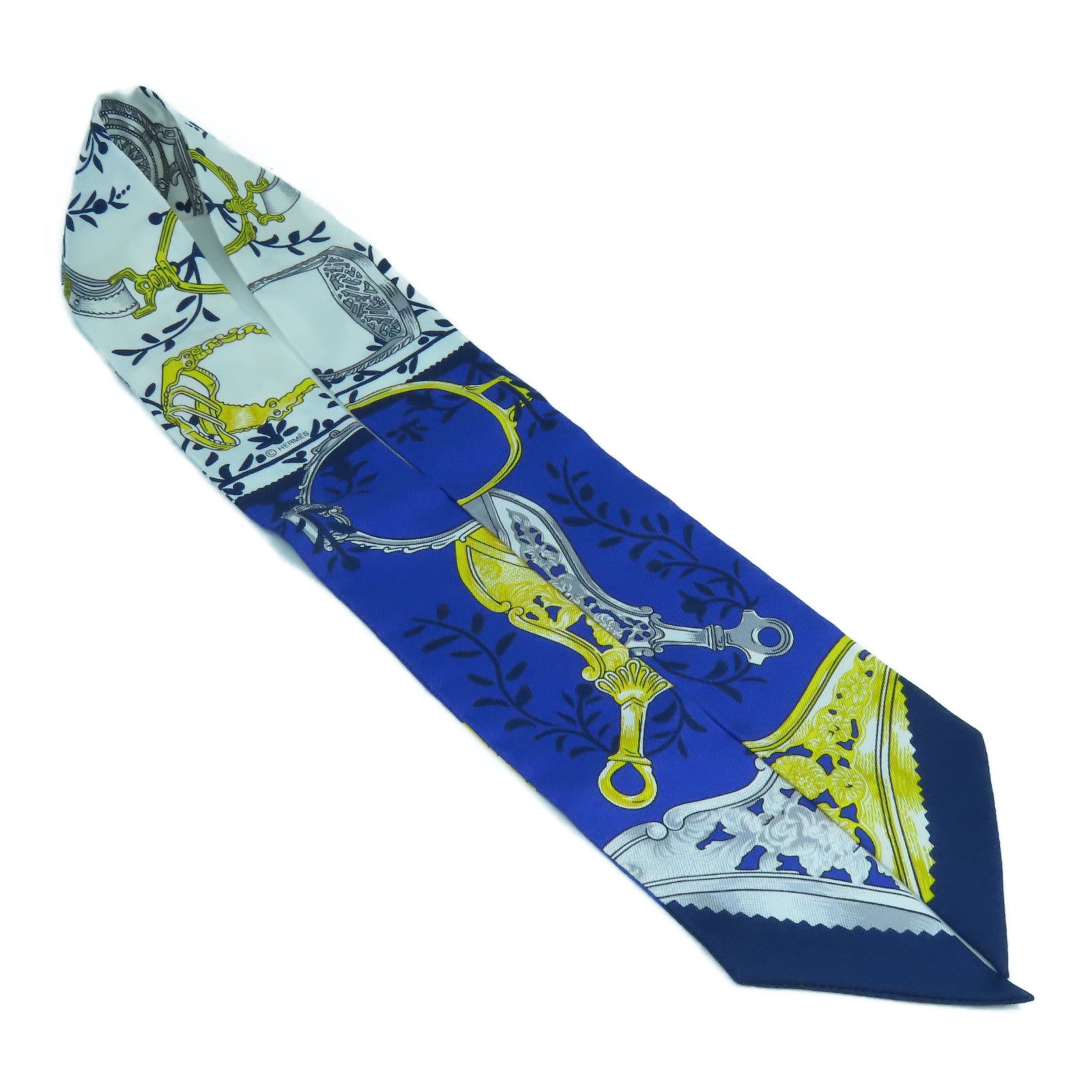 HERMES 絲質Twilly絲巾藍色/白色