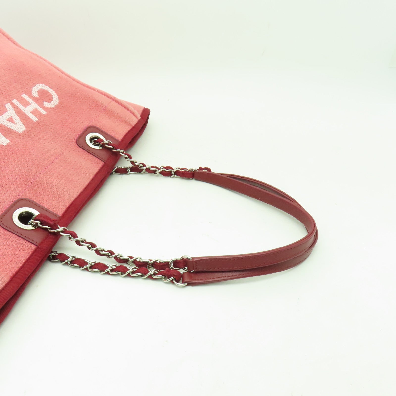 CHANEL 帆布Deauville Chain MM銀扣鏈帶肩背袋粉紅色