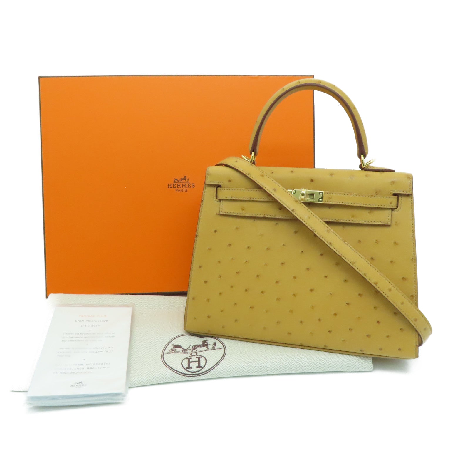HERMES 【激减优惠】驼鸟皮革Kelly 25金扣手挽肩背两用袋黄色