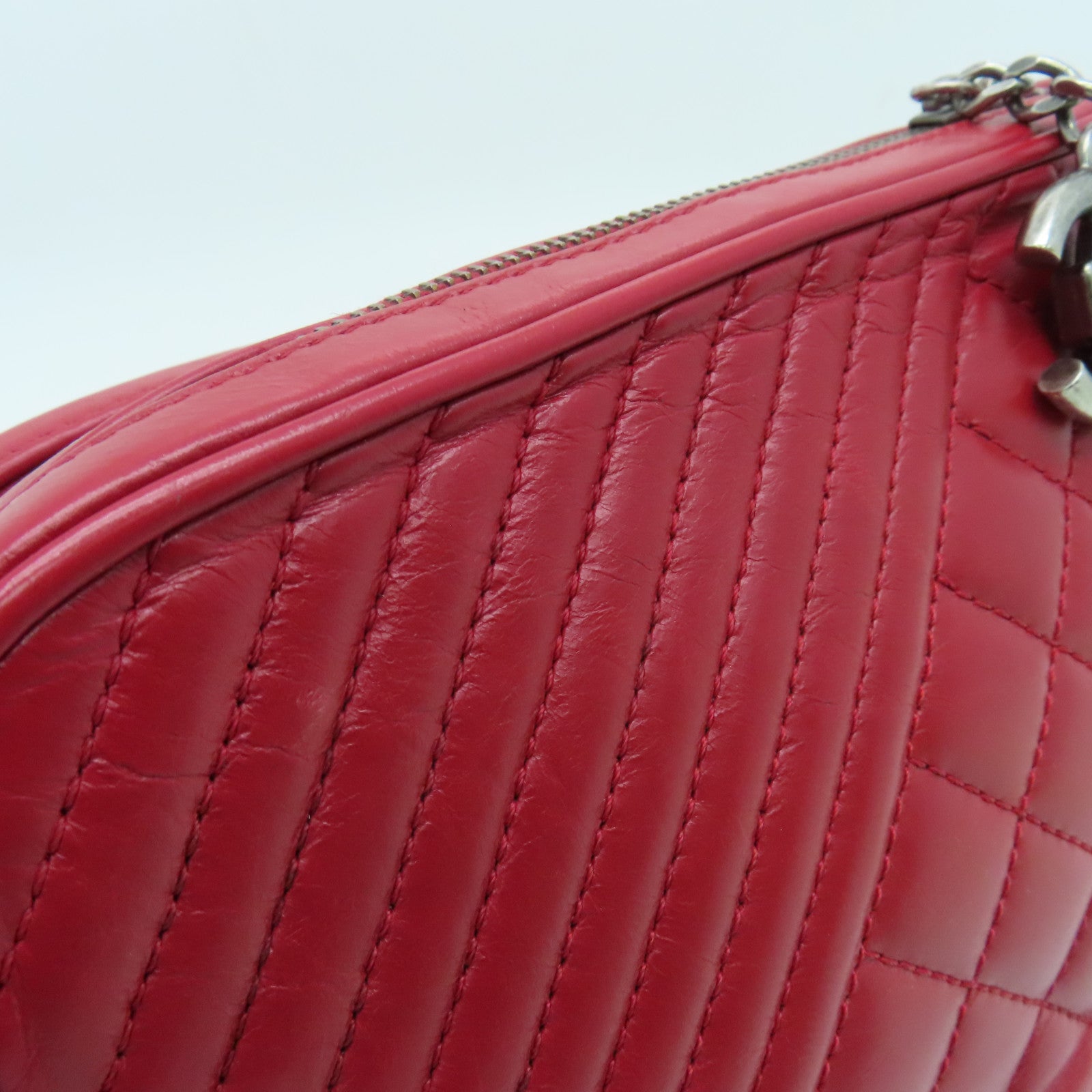 CHANEL 【激減優惠】牛皮皮革Chain Shoulder鏈帶肩背袋銀扣紅色