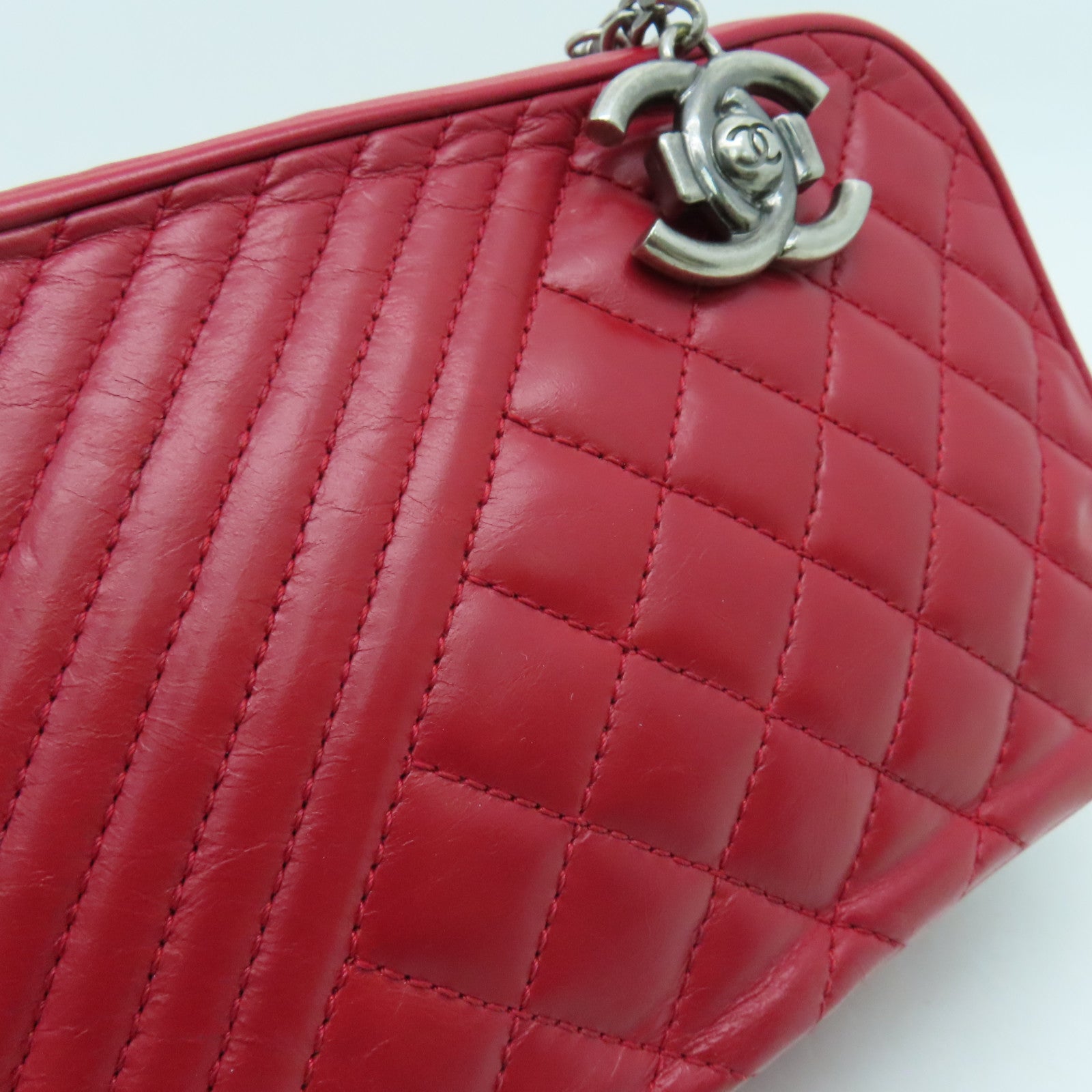 CHANEL 【激減優惠】牛皮皮革Chain Shoulder鏈帶肩背袋銀扣紅色