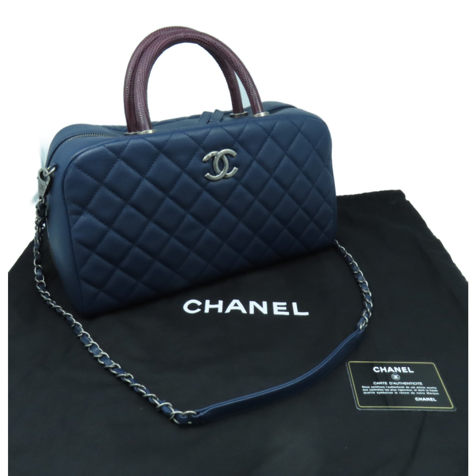 CHANEL 菱格Caviar皮革/蜥蝪皮革Top Handle 2 Way Shoulder Bag銀扣鏈帶手挽肩背兩用袋深藍色