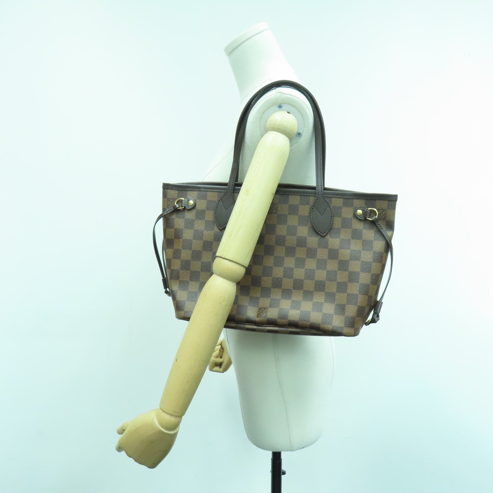 LOUIS VUITTON Damier Neverfull PM金扣手挽袋啡色