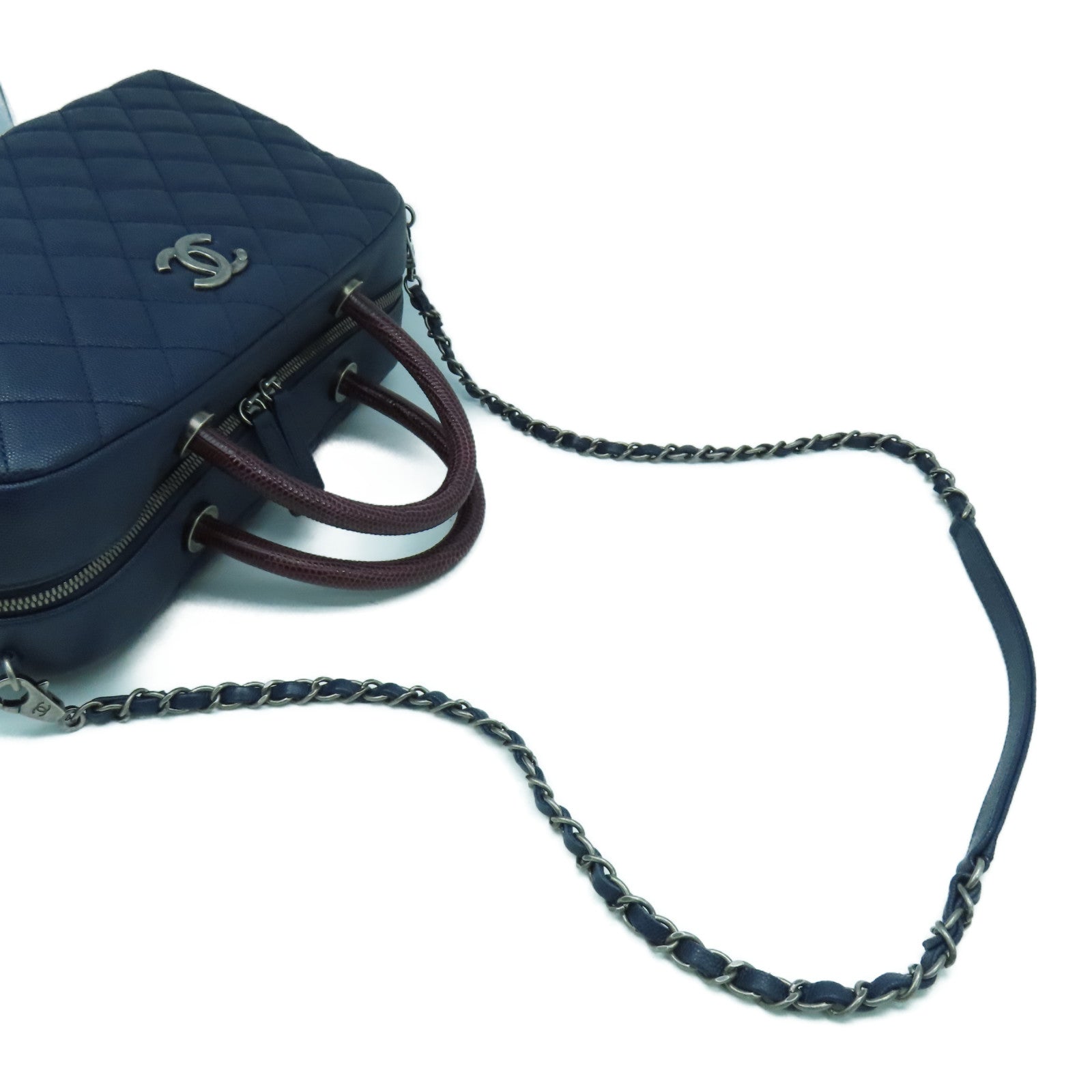 CHANEL 菱格Caviar皮革/蜥蝪皮革Top Handle 2 Way Shoulder Bag銀扣鏈帶手挽肩背兩用袋深藍色
