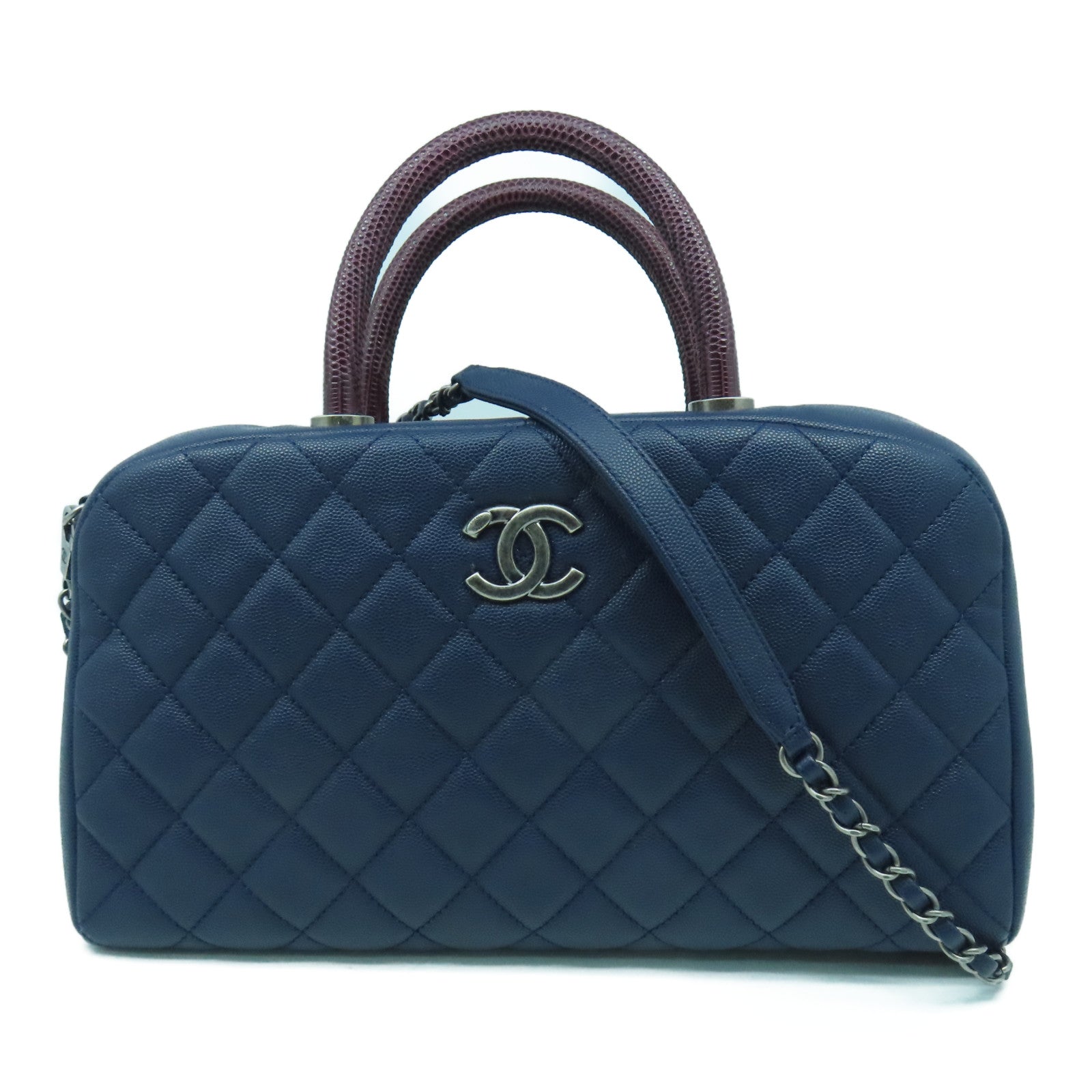 CHANEL 菱格Caviar皮革/蜥蝪皮革Top Handle 2 Way Shoulder Bag銀扣鏈帶手挽肩背兩用袋深藍色