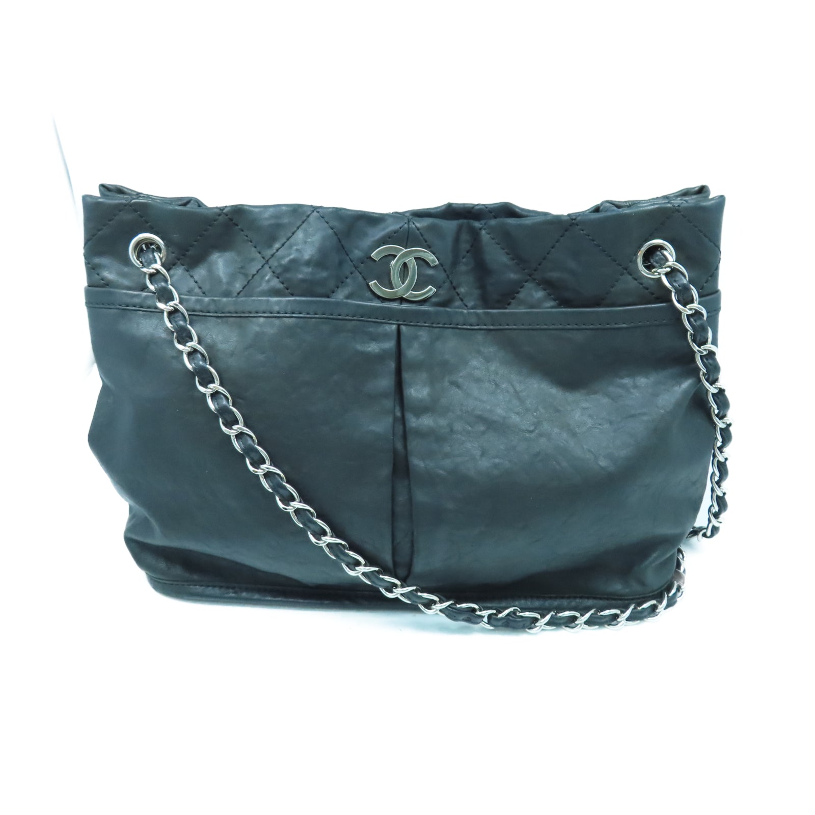 CHANEL 牛皮皮革Chain Shoulder銀扣鏈帶肩背袋黑色