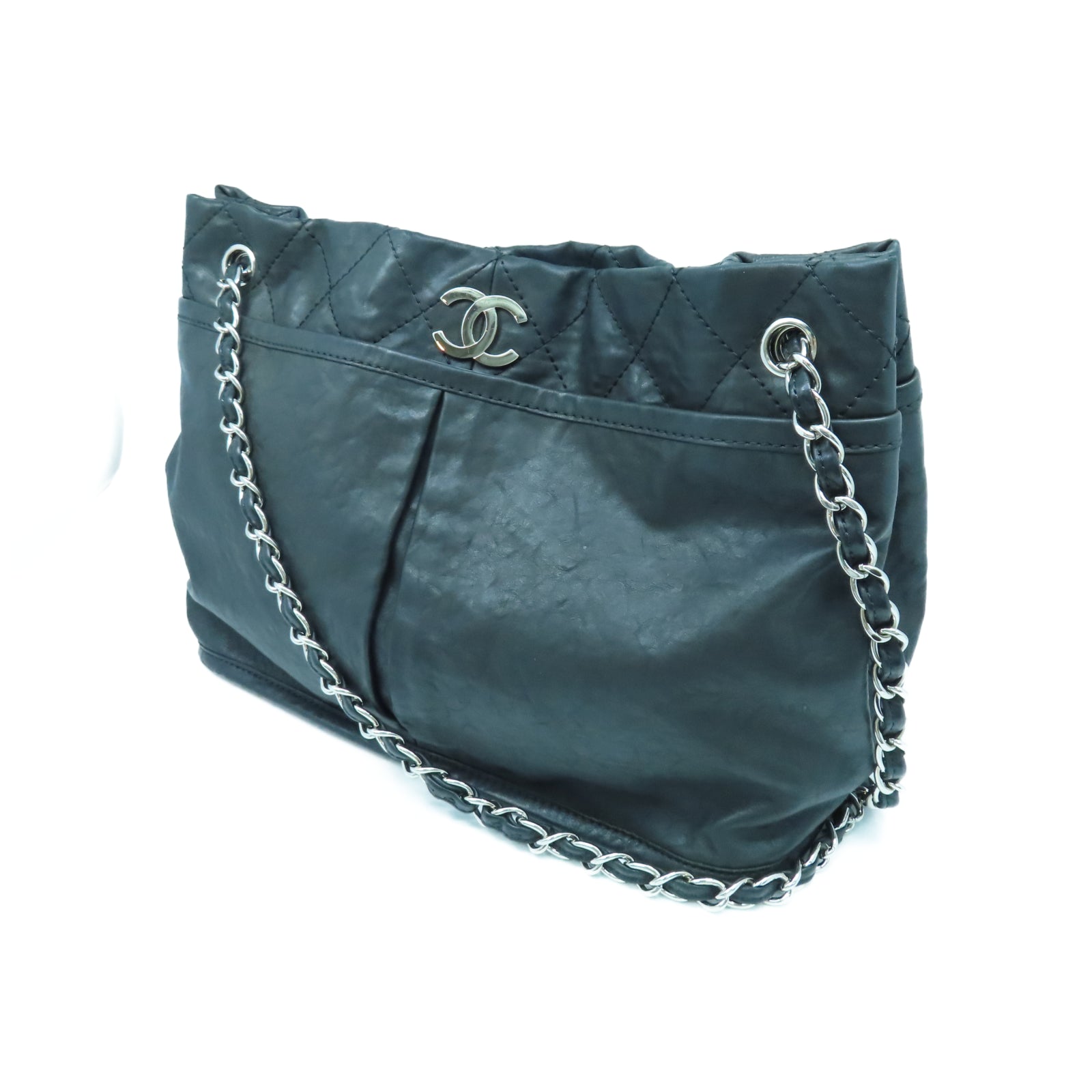 CHANEL 牛皮皮革Chain Shoulder銀扣鏈帶肩背袋黑色